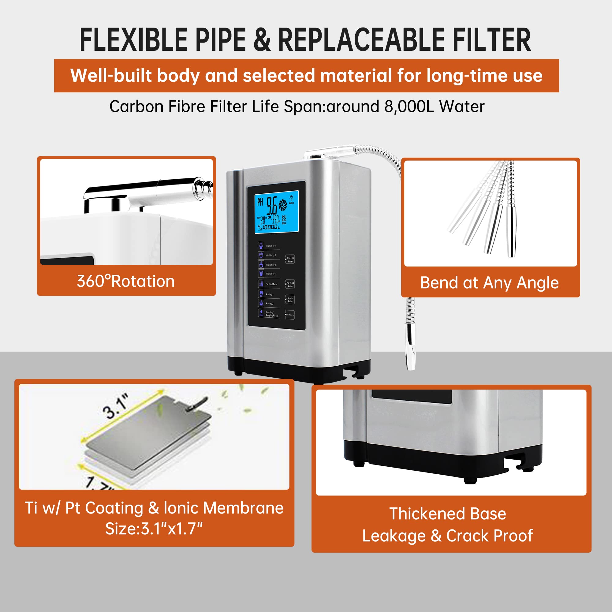 Premium AlkaDrops Water Ionizer & Purifier Machine - pH 3.5-10.5 Adjustable, -500mV ORP, 6000L Filter Capacity, 7 Settings, Auto-Clean Function, Smart Voice Control (Silver) - Perfect for Home, Office & Health-Conscious Lifestyles