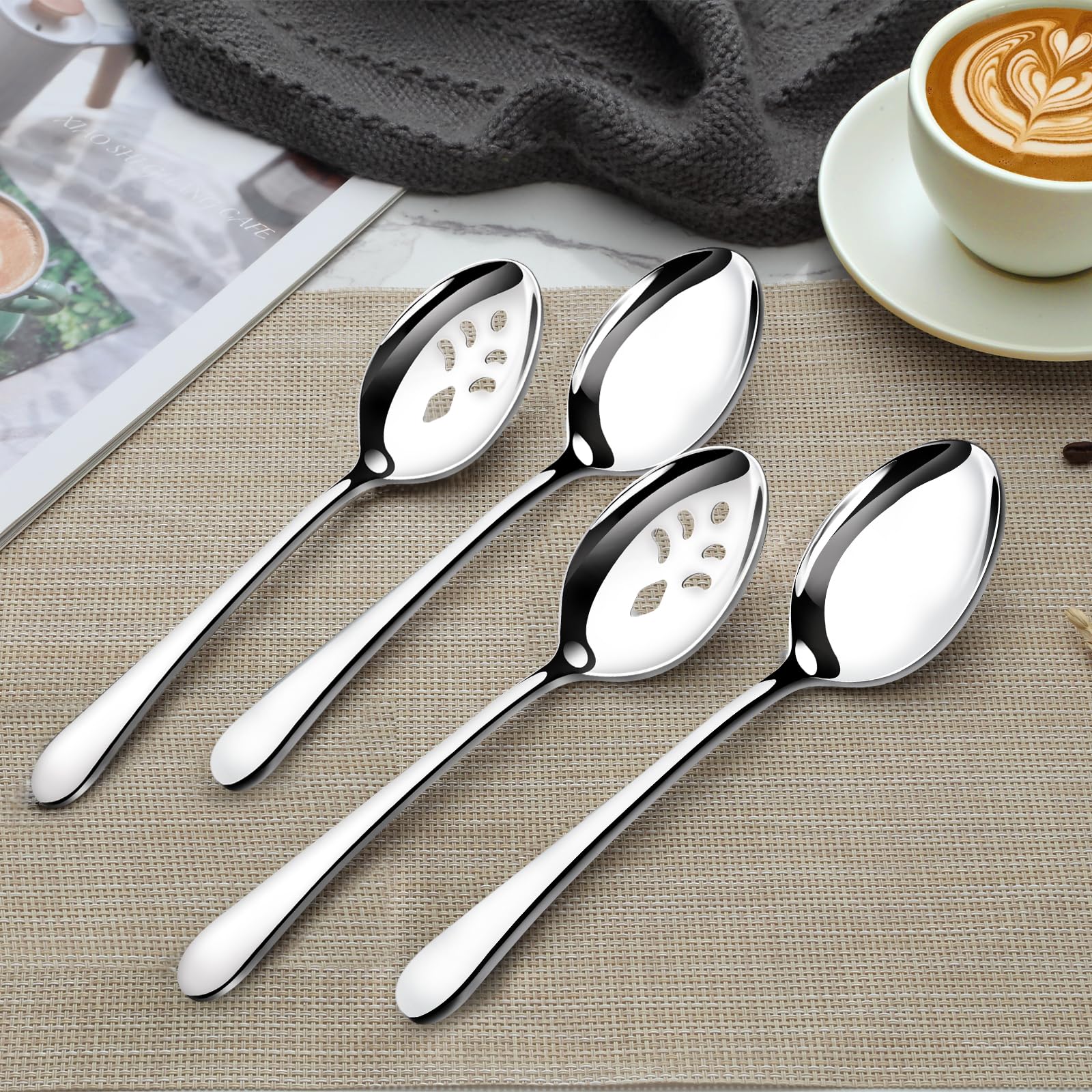 Pleafind 12-Piece Stainless Steel Serving Spoon Set (9.1 Inch) - 6 Solid & 6 Slotted Spoons - Durable Metal Serving Utensils for Buffet, Catering, Party, Banquet, Restaurant, and Home Dining Use