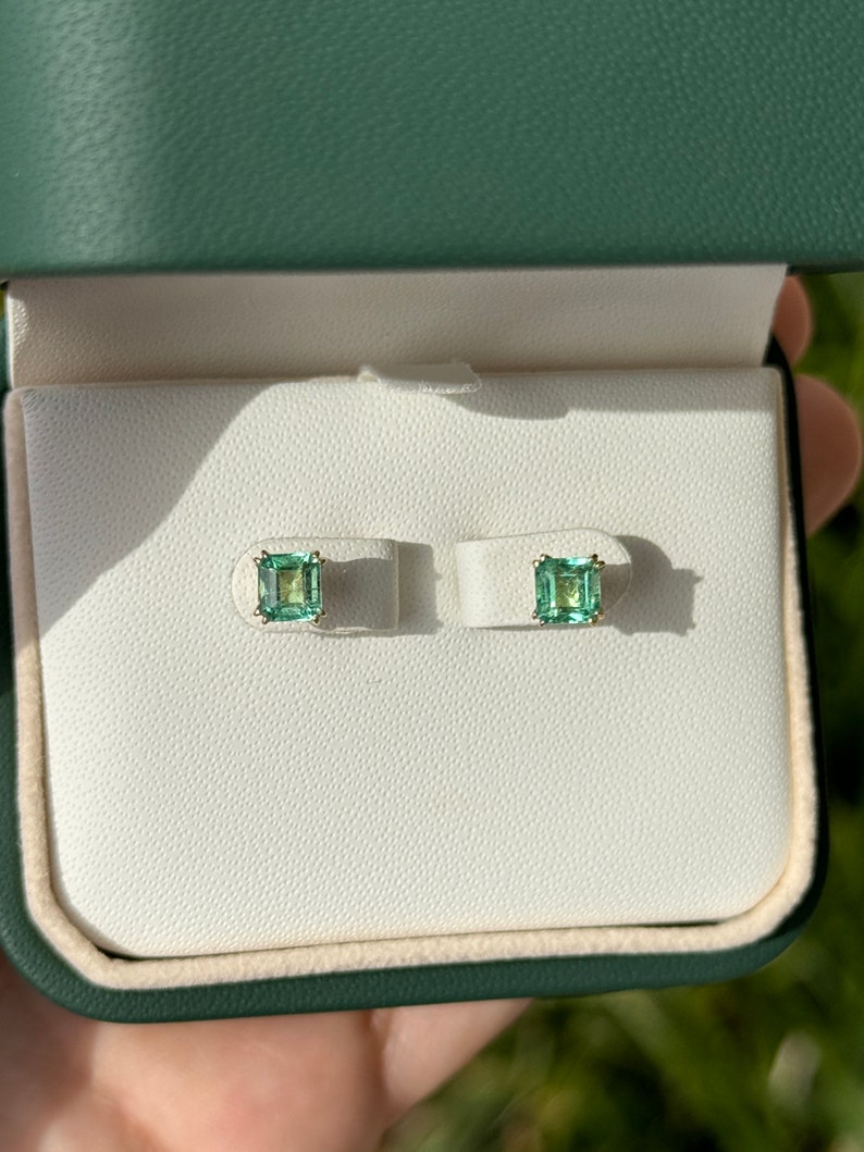1.73tcw 14K Gold Vivid Electric Green Emerald Asscher Cut Stud Earrings - Double Claw Prong Setting for Secure Wear | Perfect for Weddings, Parties & Everyday Elegance