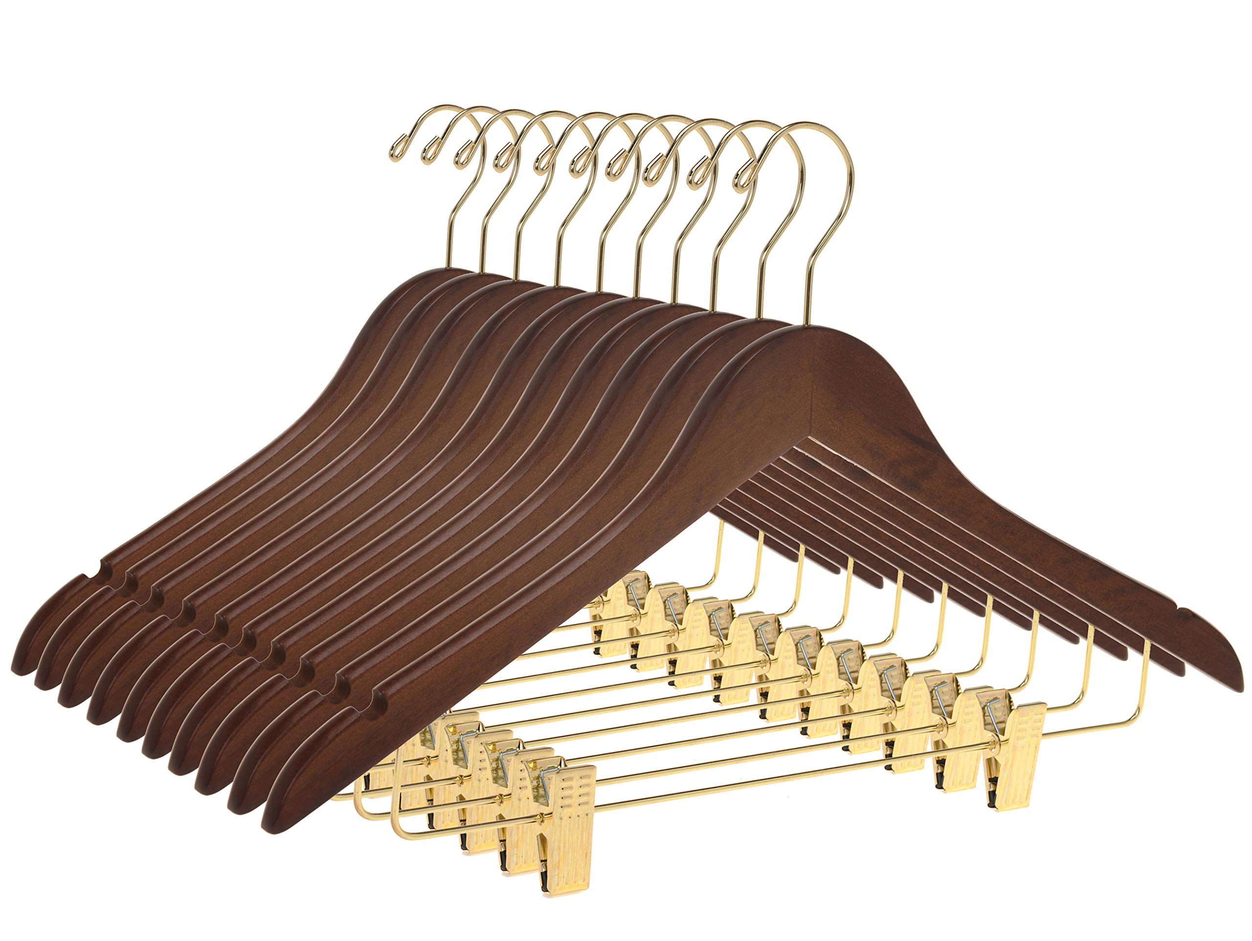 Premium Wooden Skirt Hangers with Clips - 10-Pack Smooth Solid Wood Pants Hangers with Adjustable Metal Clips & Swivel Hook for Coats, Jackets, Blouses & Suits (Walnut - Gold Hook) - Perfect for Closet Organization & Garment Protection