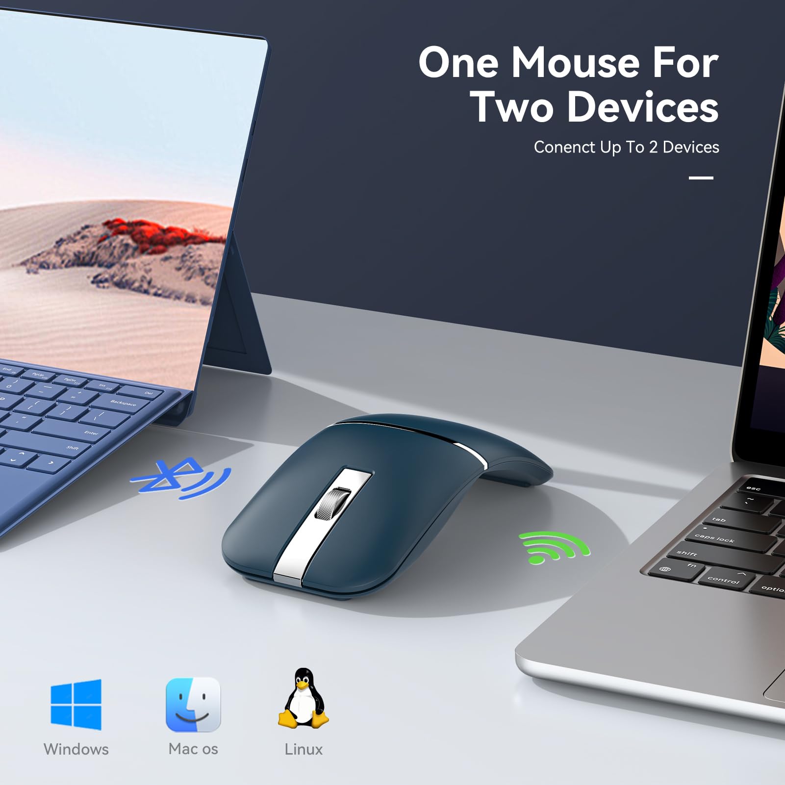 Foldable Bluetooth Travel Mouse - Rotatable Wireless Mouse with 2.4G USB Receiver, Rechargeable Ergonomic Mouse for Laptop, Notebook, PC | Portable for Business Travel, Office & Home Use (Blue)