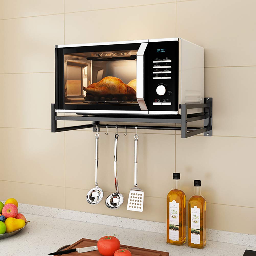 Wall Mounted Microwave Oven Shelf with 5 Hooks - Kitchen Organizer Floating Shelf for Electric Oven - Space Saving Storage Rack for Kitchen & Dining Room (Black) - Perfect for Small Kitchens & Apartment Cooking Spaces