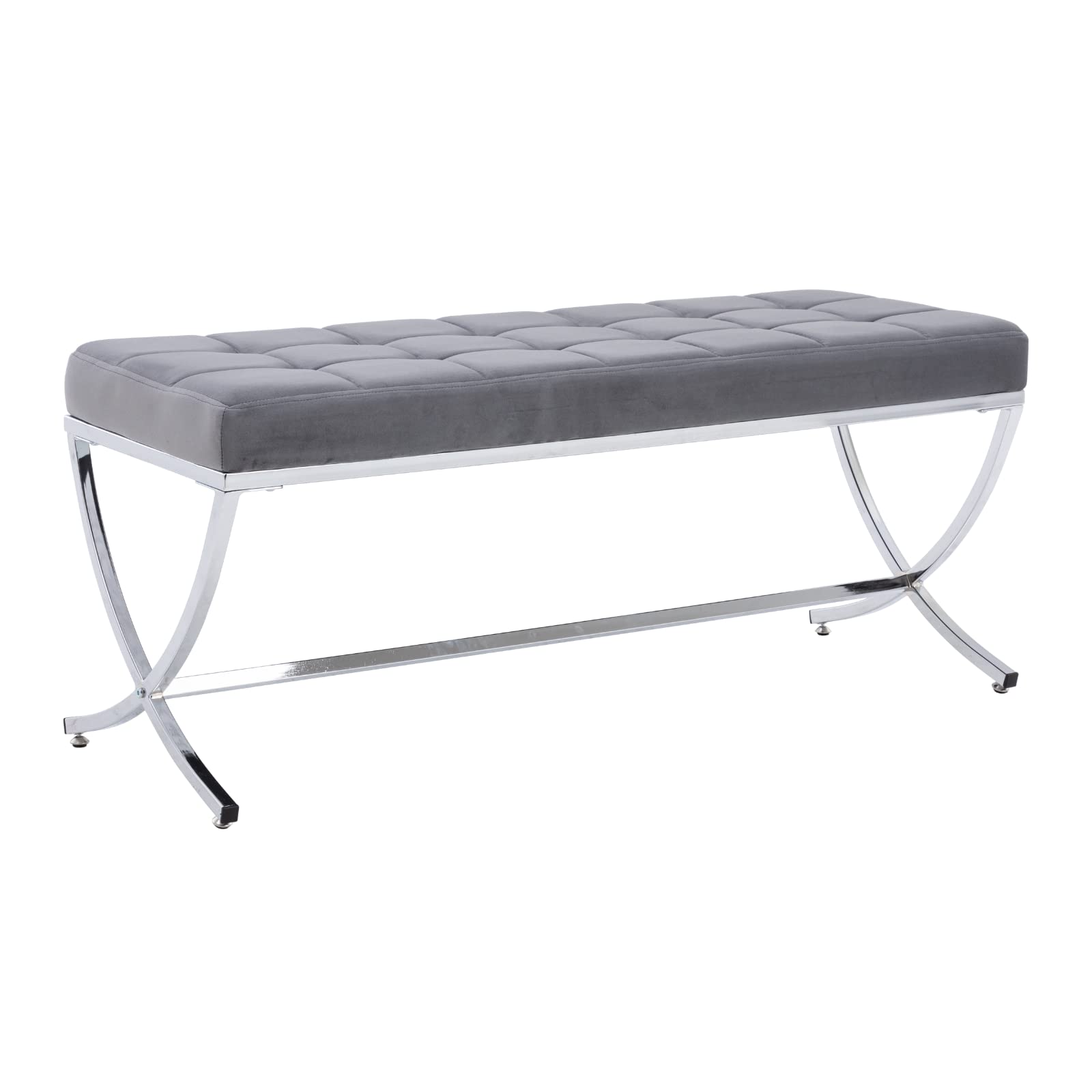 Modern Velvet Upholstered Dining Bench with Button Tufted Design & Sturdy Metal Legs - Grey Ottoman Footstool for Kitchen Table, Living Room Seating & Entryway Decor