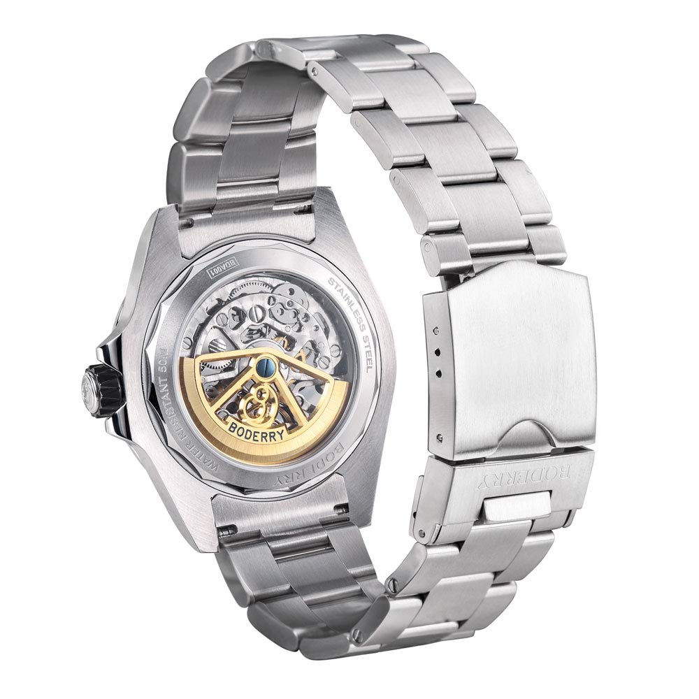 BODERRY Men's Skeleton Watch - 72H Power Reserve Automatic Self-Winding Mechanical Watch with Luminous Hands, Stainless Steel Case & Genuine Leather/Rubber Strap - Perfect for Business, Casual Wear & Gift Giving