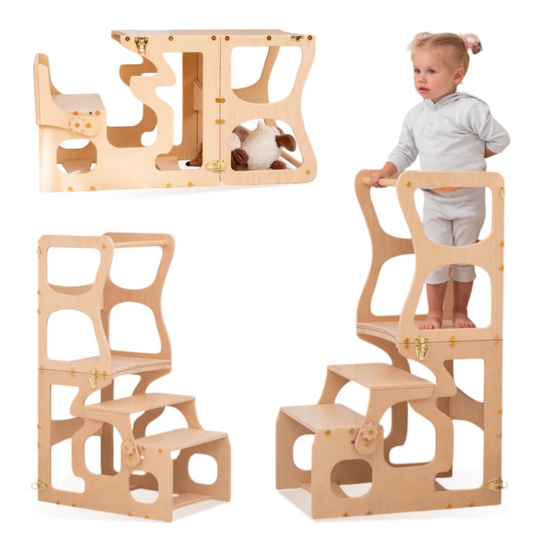 Wooden Toddler Tower with Foldable Design & Shapes Cutouts - Safe Kitchen Step Stool for Kids - Made in EU - Perfect for Baking, Cooking & Learning Independence