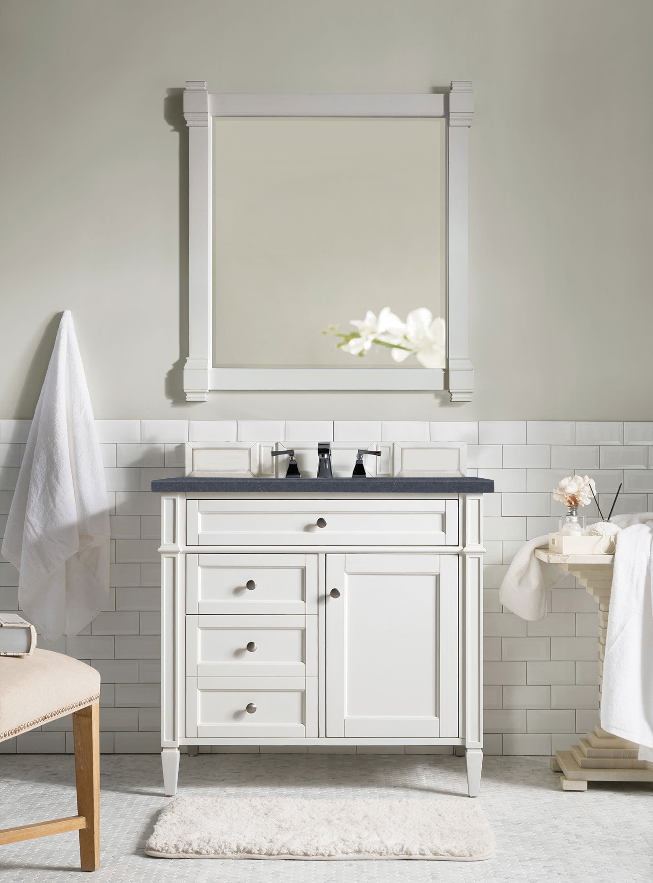 Brittany 36-Inch Bright White Bathroom Vanity with 3CM Charcoal Soapstone Quartz Countertop | Modern Single Sink Vanity for Small Bathrooms & Powder Rooms