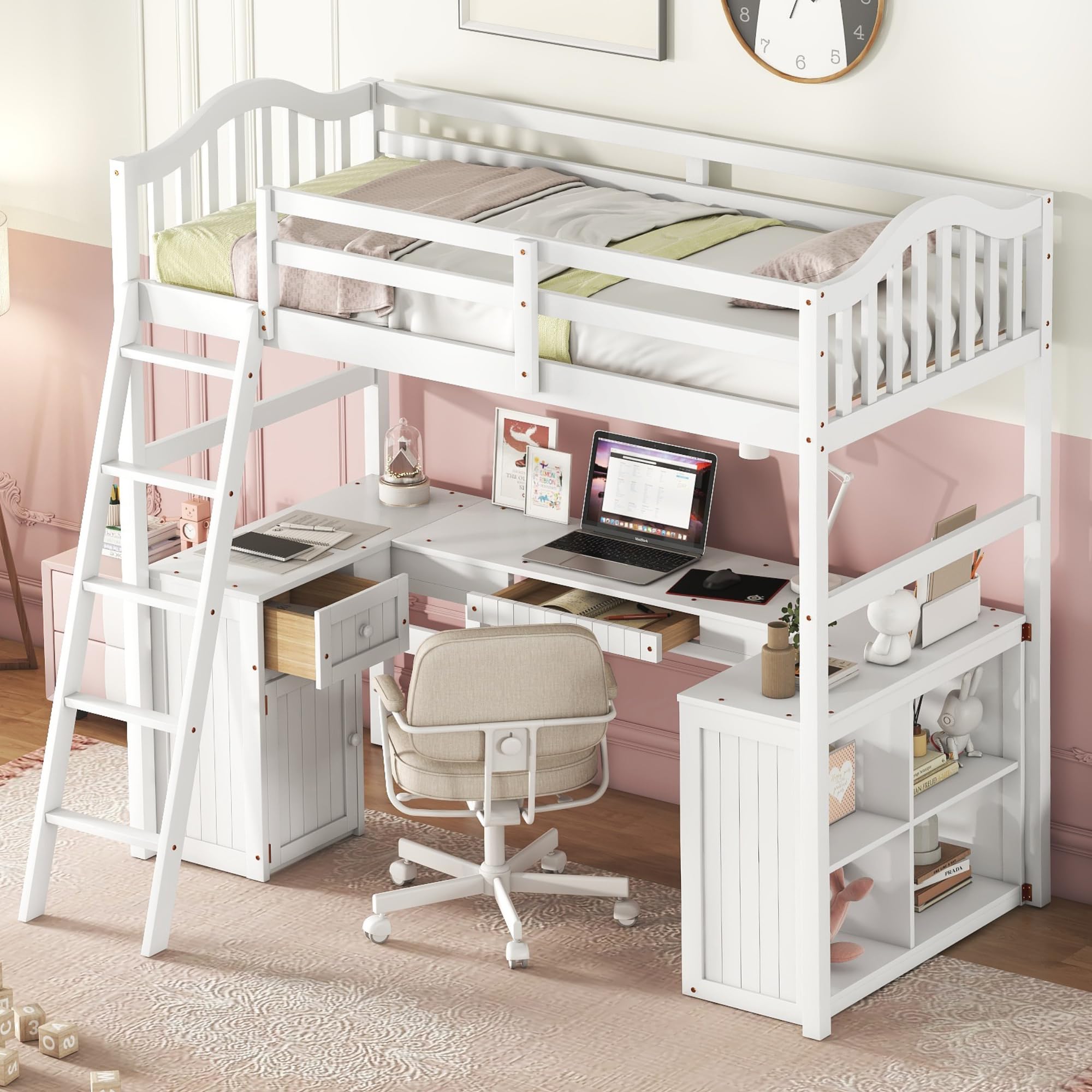 **Twin Loft Bed with Desk, Drawer & Cabinet - Wooden Study Bed for Kids, Teens & Adults - White - Perfect for Dorm Rooms, Small Spaces & Kids' Bedrooms**