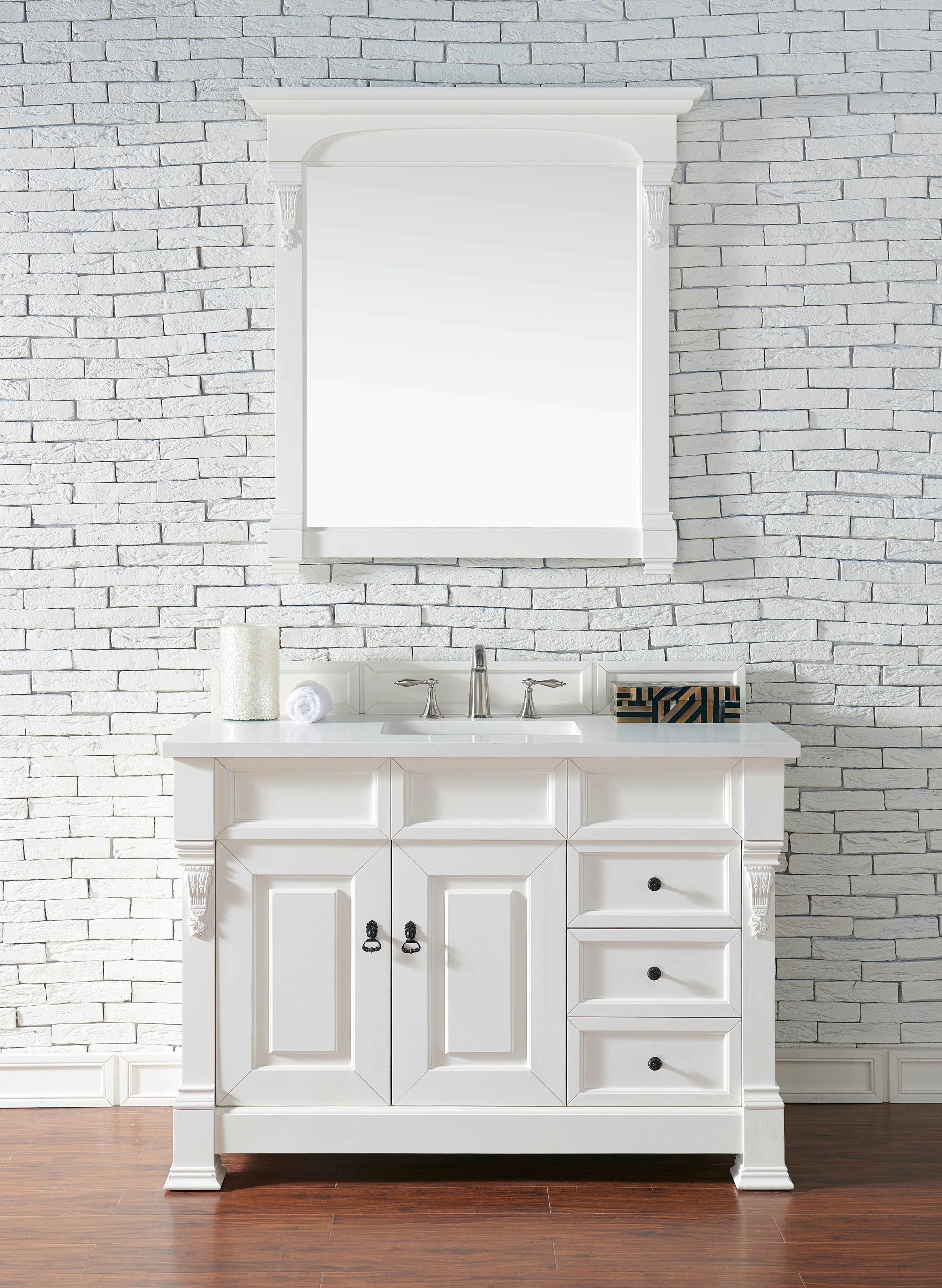 Brookfield 48-Inch Single Bathroom Vanity with Classic White Quartz Top - Bright White Finish, 3CM Thick Countertop for Modern Bathroom Remodeling & Home Upgrade