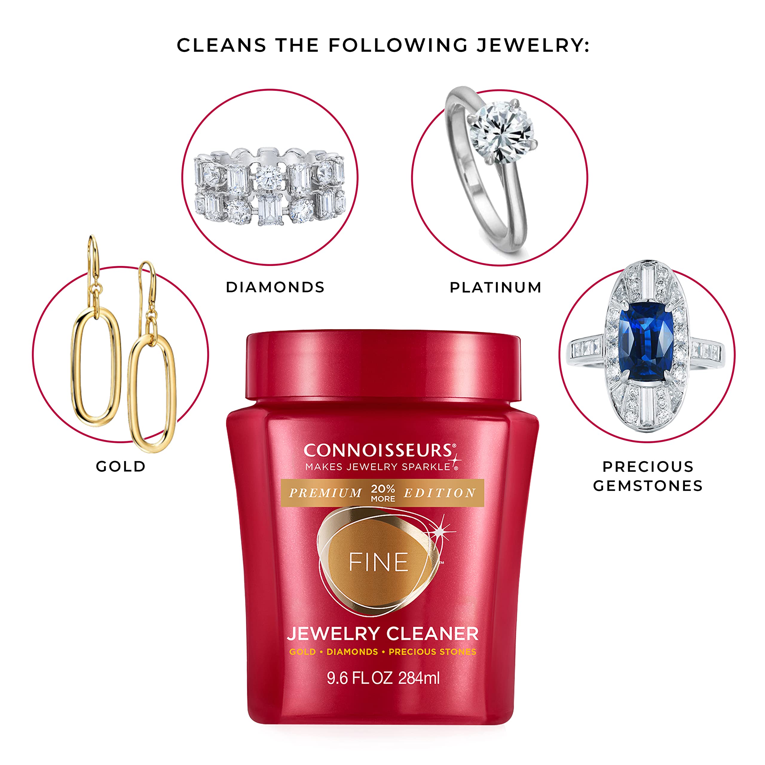 CONNOISSEURS Premium Edition Jewelry Cleaner 9.6oz - Safe for Fine, Silver & Delicate Jewelry | Professional Jewelry Cleaning Solution for Rings, Necklaces & Watches | At-Home Jewelry Care Kit