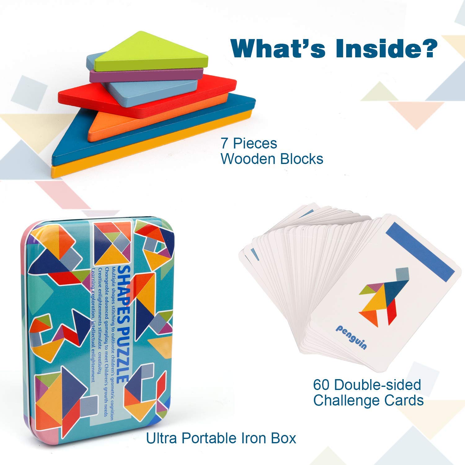Vanmor Wooden Tangram Puzzle Set - 36 Pattern Blocks & 60 Shape Cards - Brain Teaser Educational Toys for Kids Ages 4-8 - Perfect for Classroom Learning, Travel Games & Road Trip Activities