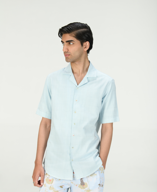 Men's Heavy Cotton Bush Shirt in Ice Blue Check - Durable Outdoor Workwear for Hiking, Camping & Adventure