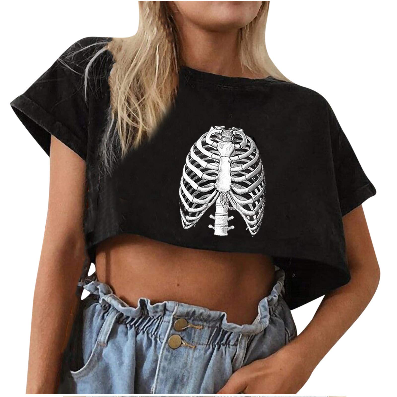 Women's Casual Summer Short Sleeve Crop Top - Gothic Printed Blouse with High Waist (Black, XS) | Perfect for Summer Outfits, Beach Wear & Gothic Fashion