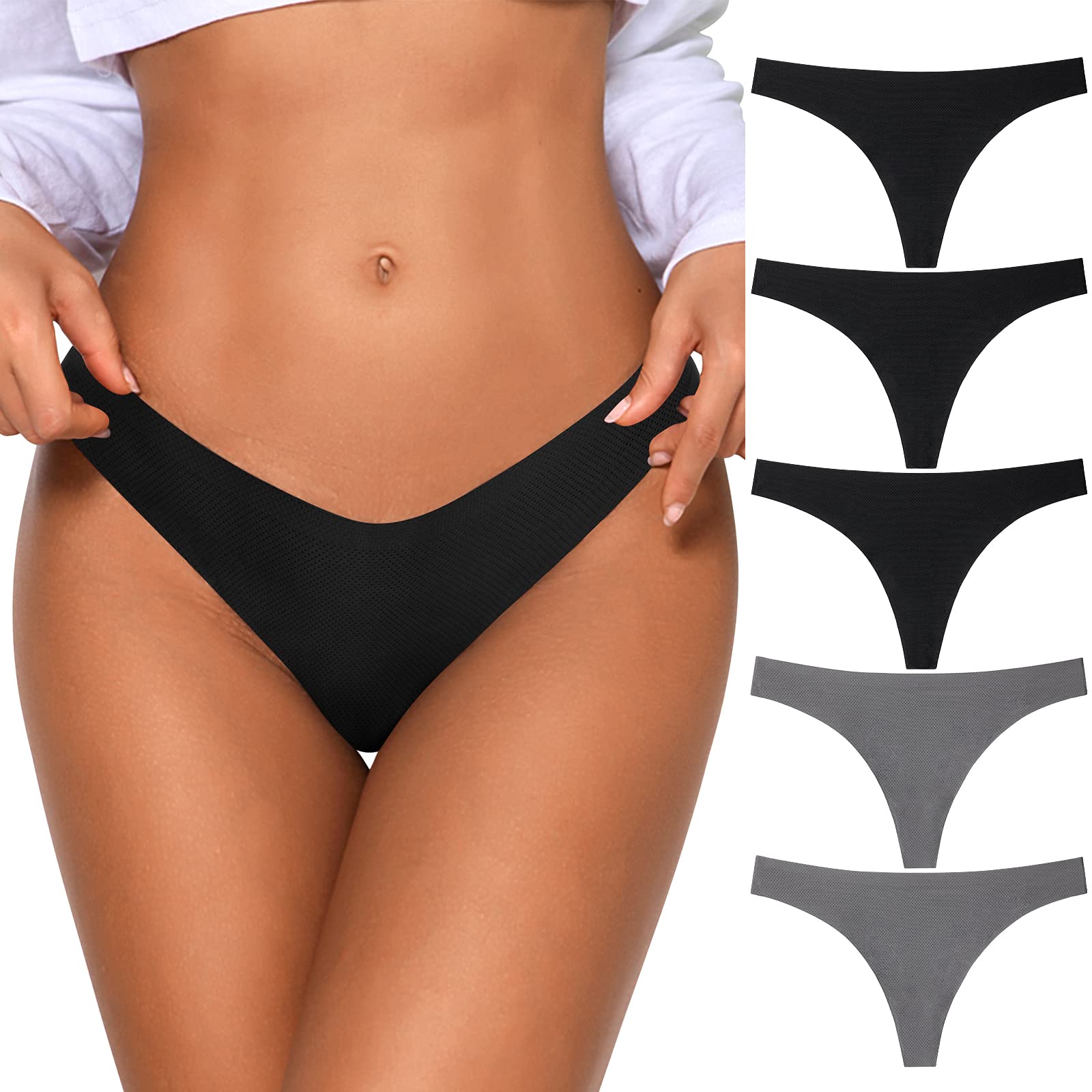 QOVOQ Seamless Thongs for Women - 3 Pack Breathable Cotton No Show Underwear | Comfortable Everyday Wear for Work, Gym & Travel