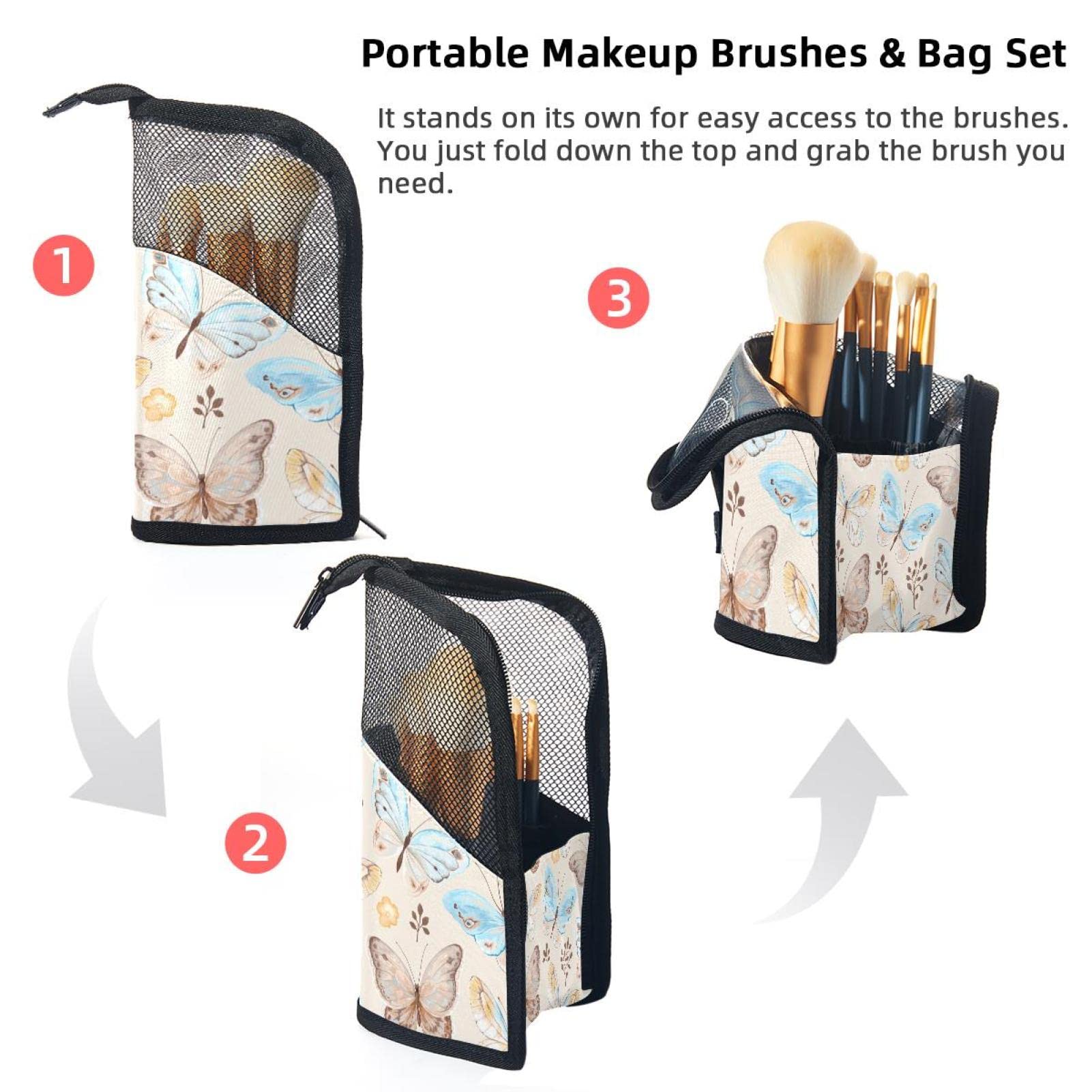 12-Piece Makeup Brush Organizer Bag with Floral Butterfly Design - Portable Cosmetic Brush Holder Case for Travel & Home Storage