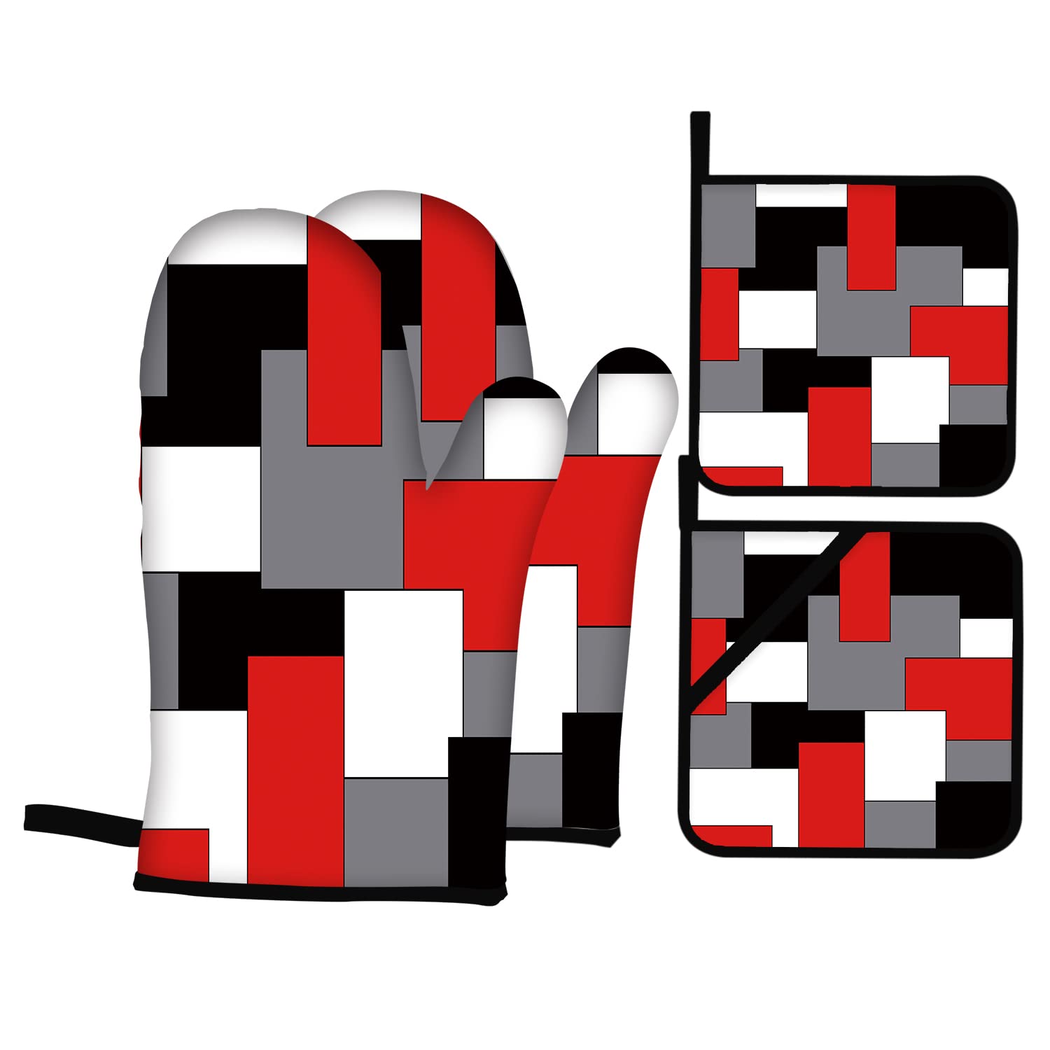 Heat Resistant Oven Mitts and Pot Holders Set of 4 - Red Black Grey White Geometric Design for Kitchen Baking, Cooking, Grilling - Perfect for BBQ, Baking Cookies, Handling Hot Pots & Pans
