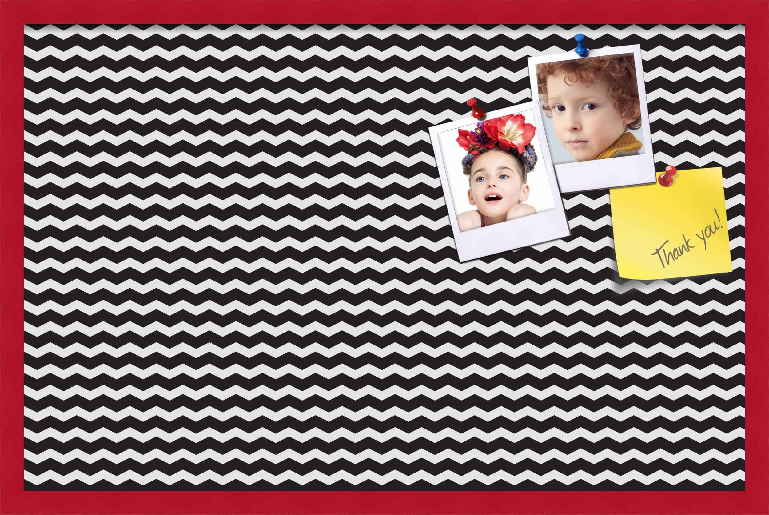 PinPix 34x22 Inch Cork Bulletin Board - Black & White Chevron Design with Red Beech Wood Frame - Stylish Home Office Decor for Notes, Photos & Reminders - Perfect Wall Organizer for Kitchen, Dorm or Workspace (PinPix-118)