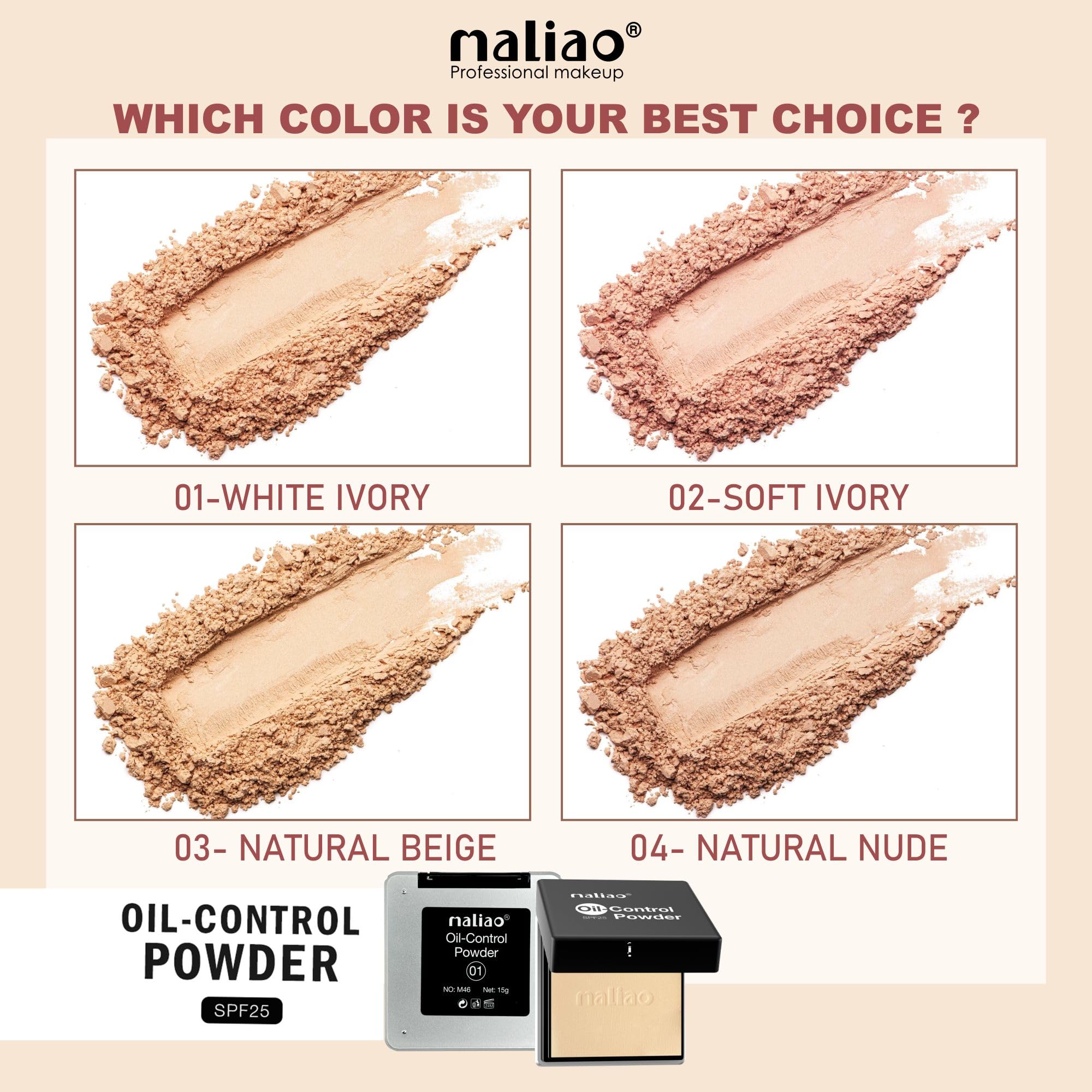 Maliao Oil Control Powder Compact with SPF 25 - Natural Nude | Matte Finish & Shine Control | Perfect for Oily Skin & Summer Makeup