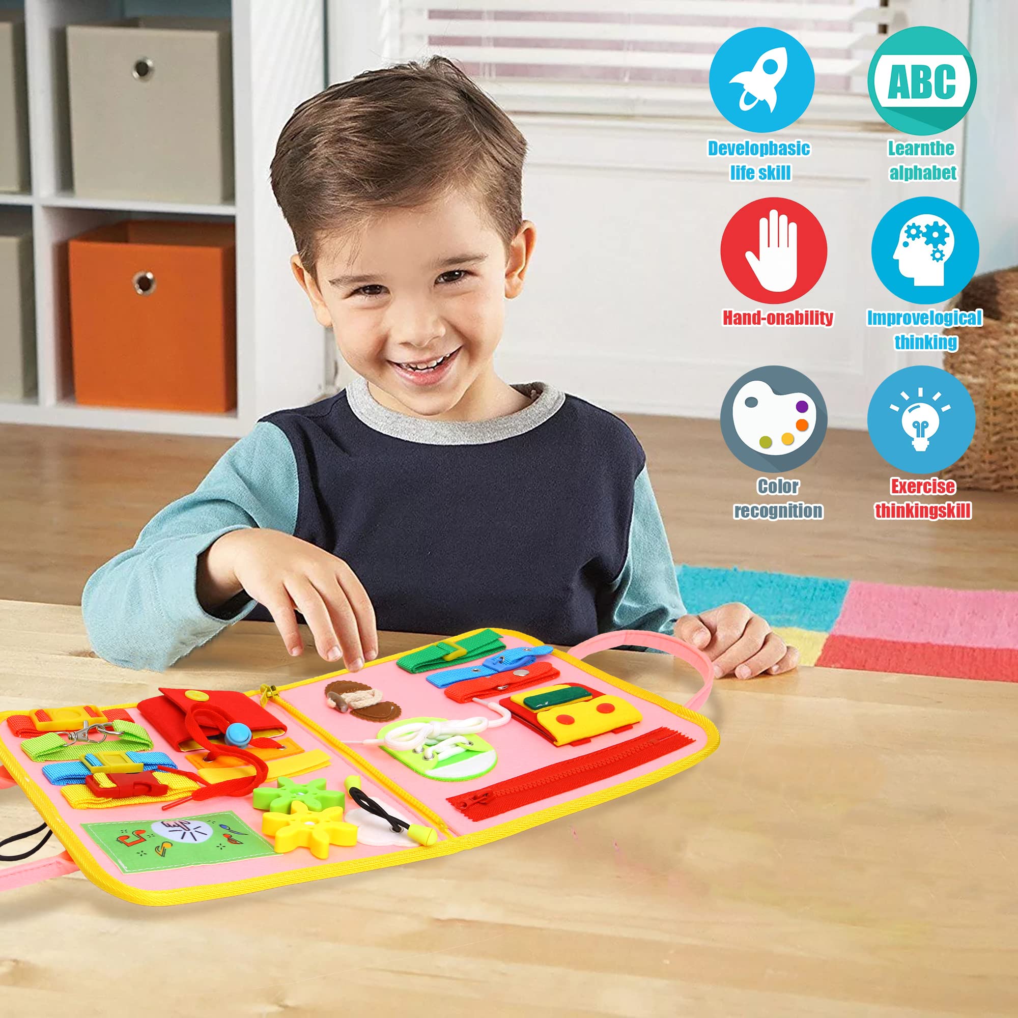 Montessori Busy Board for Toddlers 1-4 Years - Sensory Travel Toy for Preschool & Autistic Kids to Learn Basic Dress Skills - Educational Gift for Boys & Girls Birthday (Pink) - Perfect for Airplane, Car Rides & Home Learning Activities