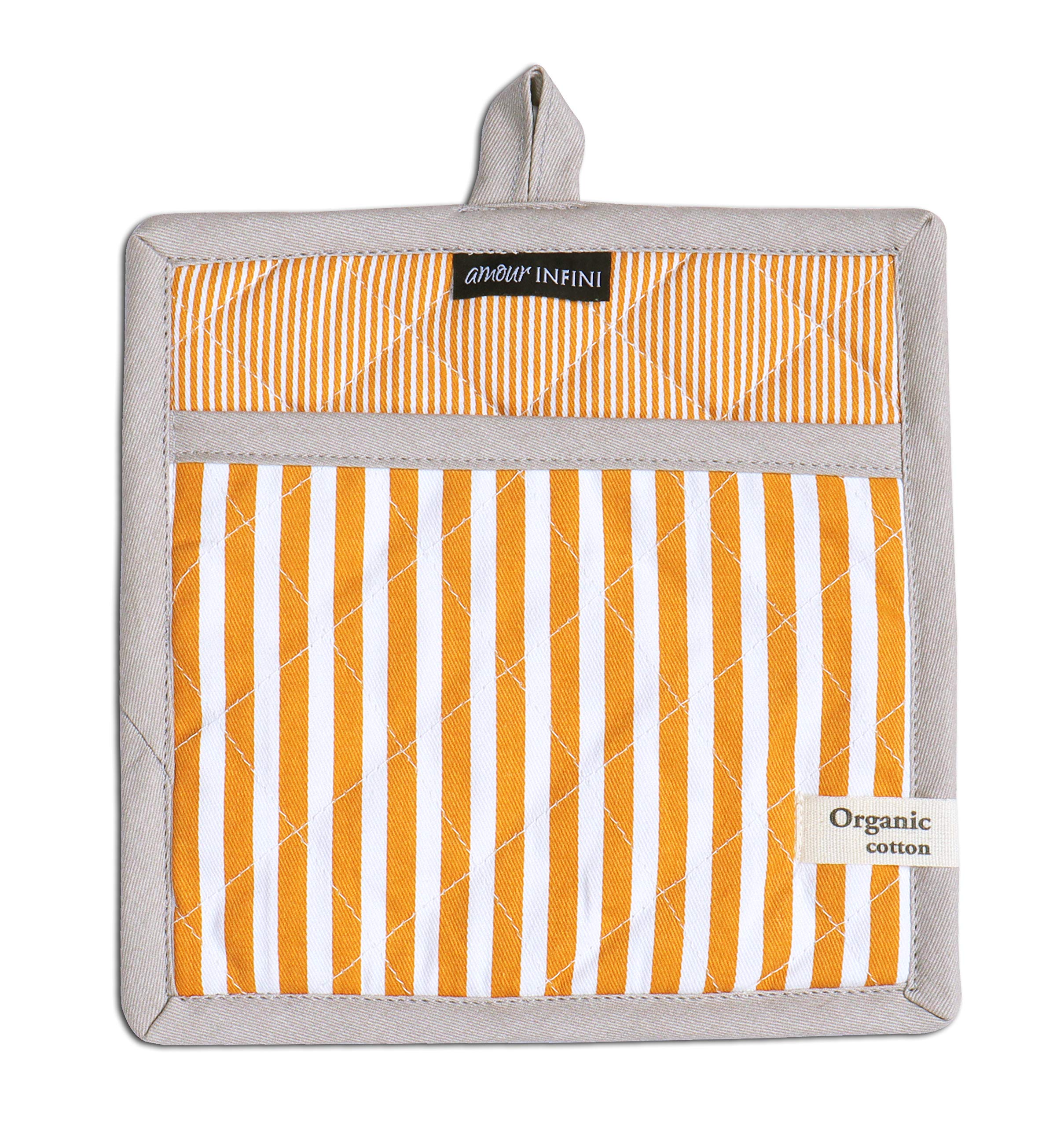 AMOUR INFINI Striped Heat Resistant Oven Mitts & Pot Holders Set - Non-Slip, Reusable Kitchen Accessories (1 Mitt + 1 Holder) - Perfect for Baking, Grilling & Cooking - Yellow