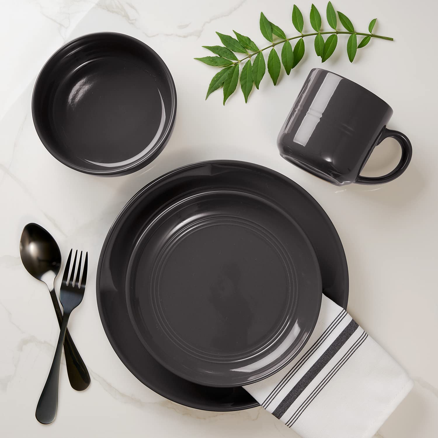 Safdie & Co. Harmony 16-Piece Stoneware Dinnerware Set for 4, Includes Plates & Bowls, Black, 16