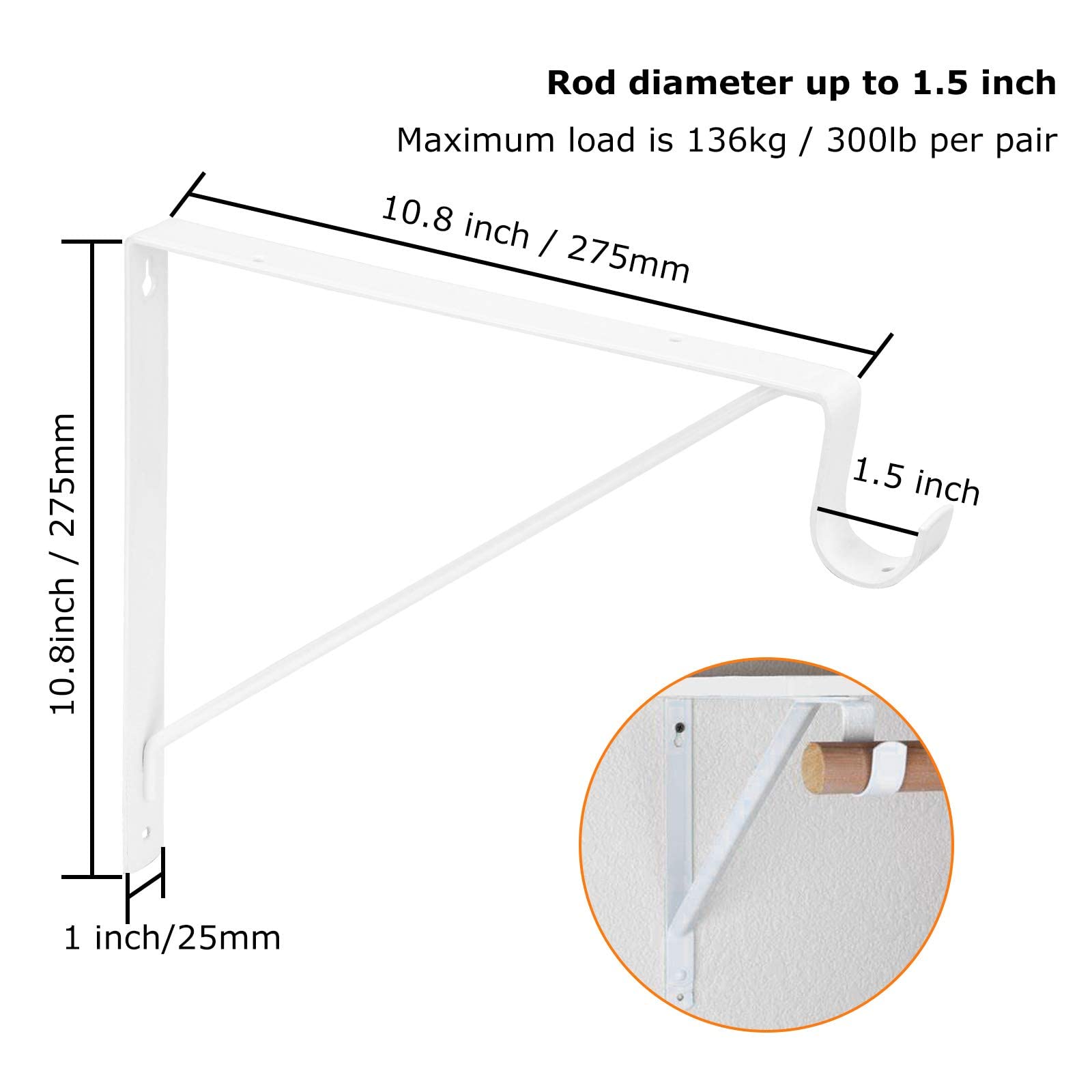 4 Pack Heavy Duty Closet Shelf & Rod Bracket - 11 x 10.2 x 1 Inch White Wall Mounted Clothes Hanger Support for Round Tubing - Perfect for Bedroom, Closet Organization and Laundry Room Storage