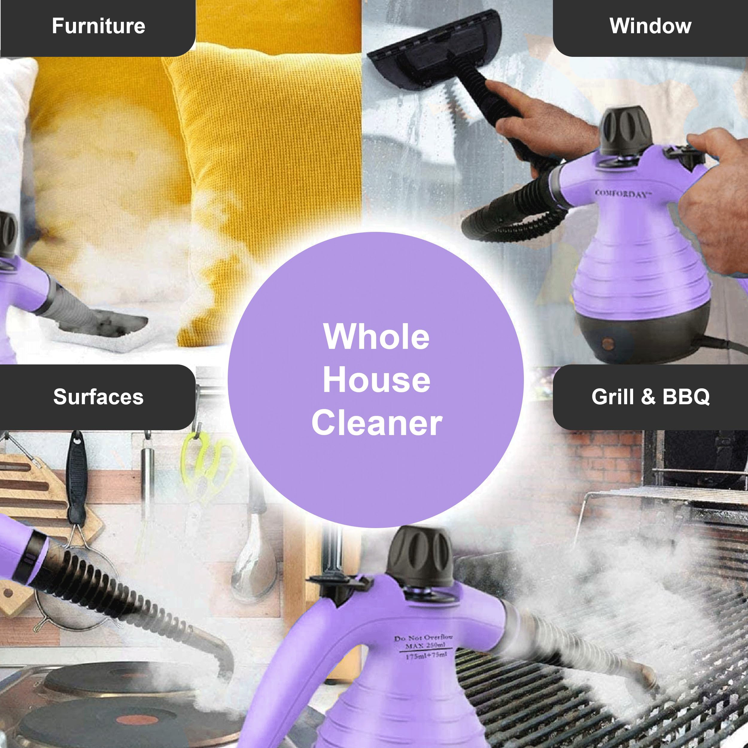 Comforday Multi-Purpose Handheld Pressurized Steam Cleaner with 9-Piece Accessories - Powerful Stain Remover for Curtains, Car Seats, Floors, Bathroom & Windows - Ideal for Home Deep Cleaning & Sanitizing (Purple)
