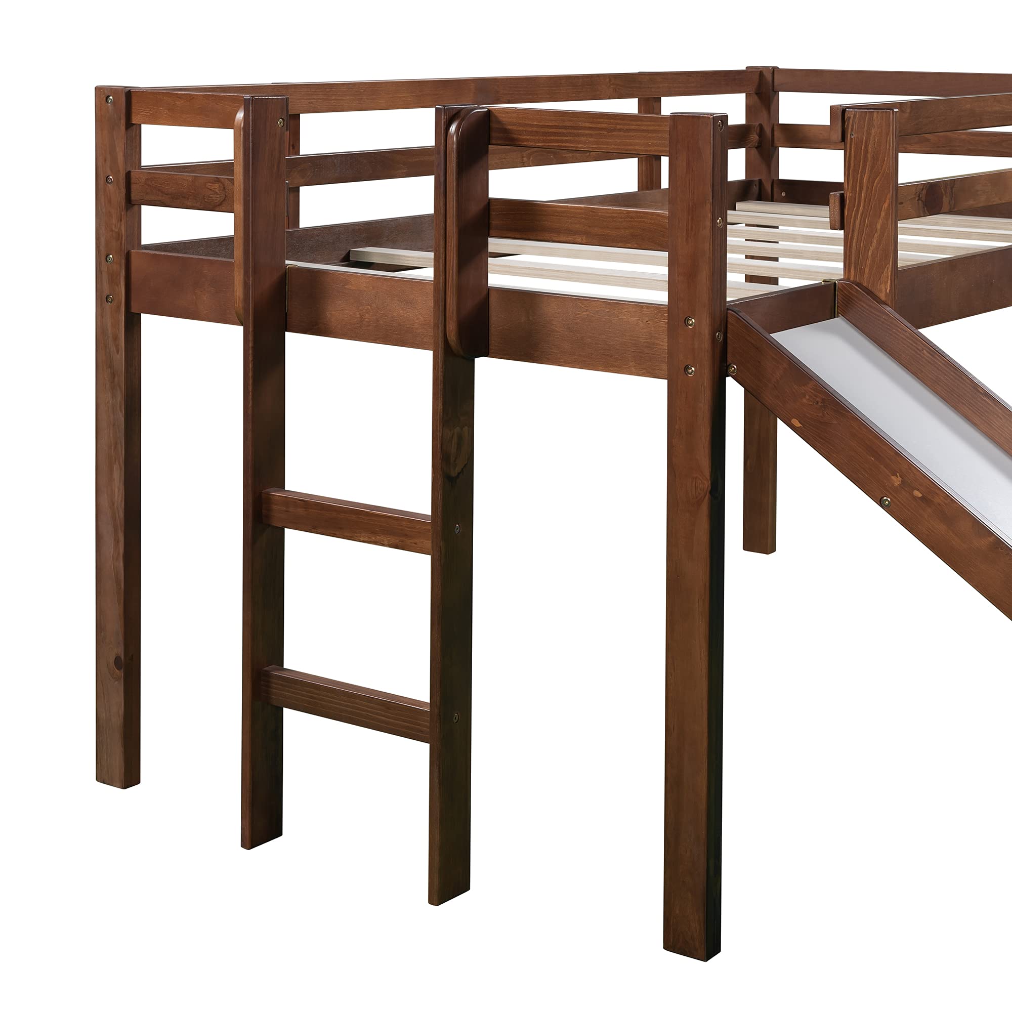 **Low Loft Bed with Slide & Chalkboard – Twin Size Kids Loft Bed Frame for Bedroom, Living Room, Guest Room – Easy Assembly, No Box Spring Needed – Walnut Finish – Perfect for Playrooms & Small Spaces**