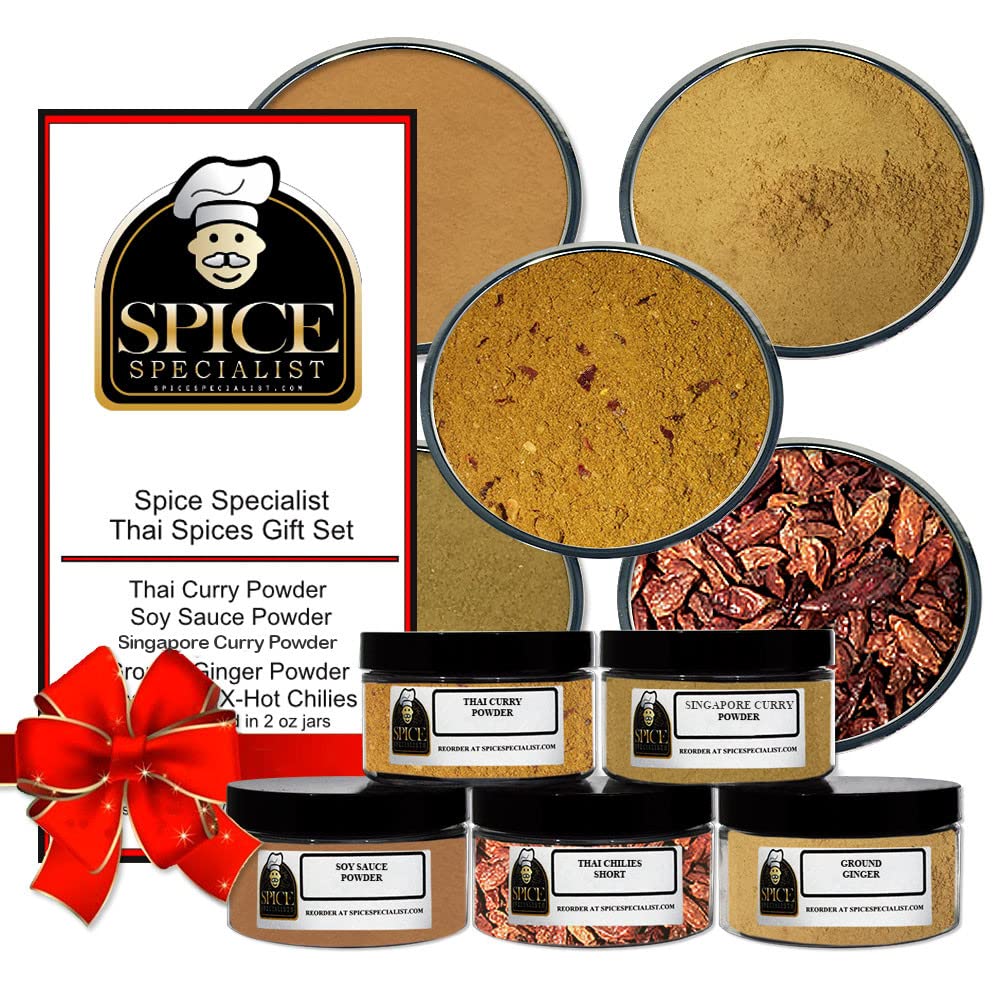 Premium Thai Spices Gift Set - 5 Assorted Spice Jars: Thai Curry, Ground Ginger, Soy Sauce Powder, Singapore Curry Powder & X-Hot Chilies | Perfect for Asian Cooking, Meal Prep & Gourmet Gifts