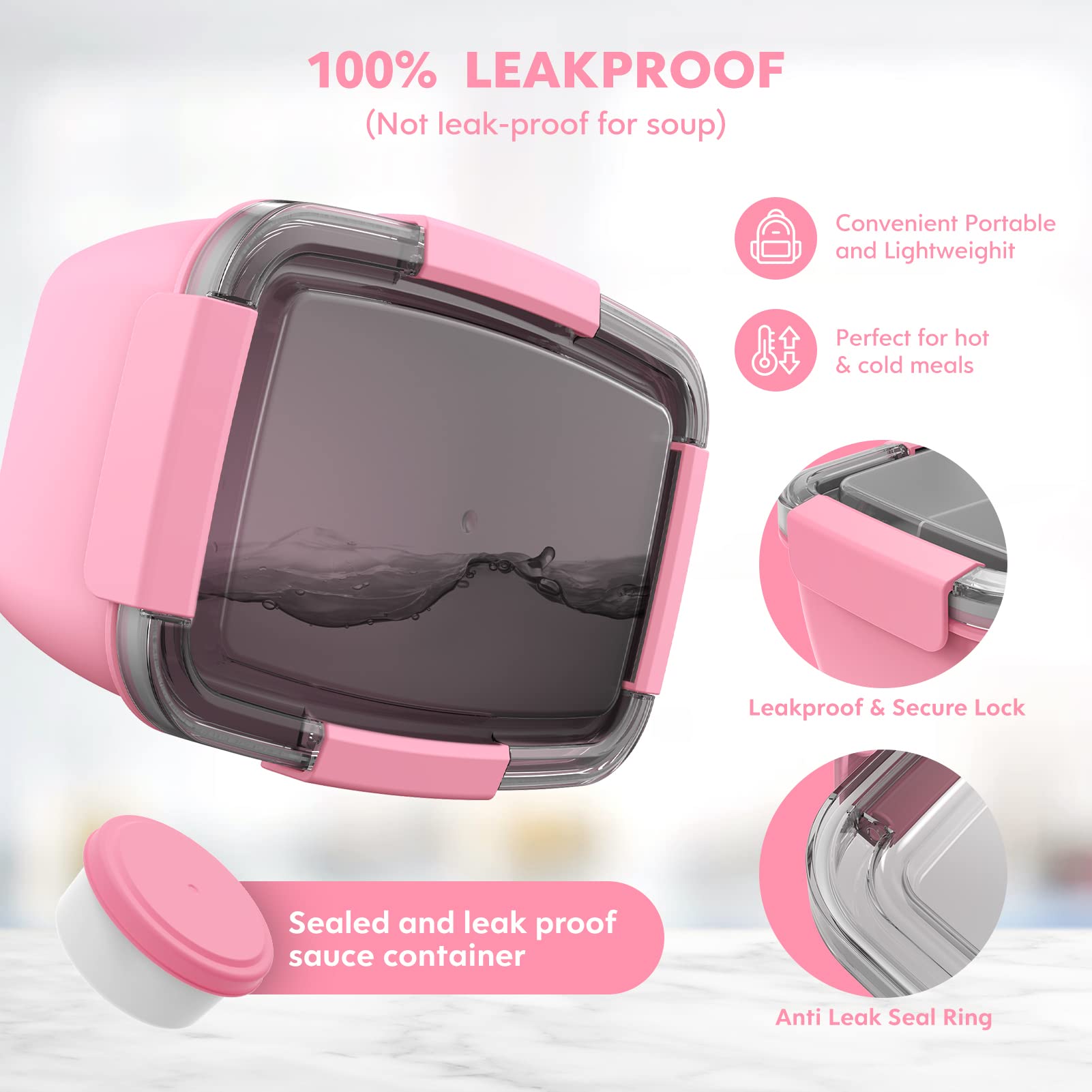 Cherrysea 2-Pack 68oz BPA-Free Salad Lunch Container with 4 Compartments & Leak-Proof Lid - Includes Fork & Sauce Container for Dressings - Perfect for Office Lunch, Meal Prep, Picnics & Healthy Eating (Pink)