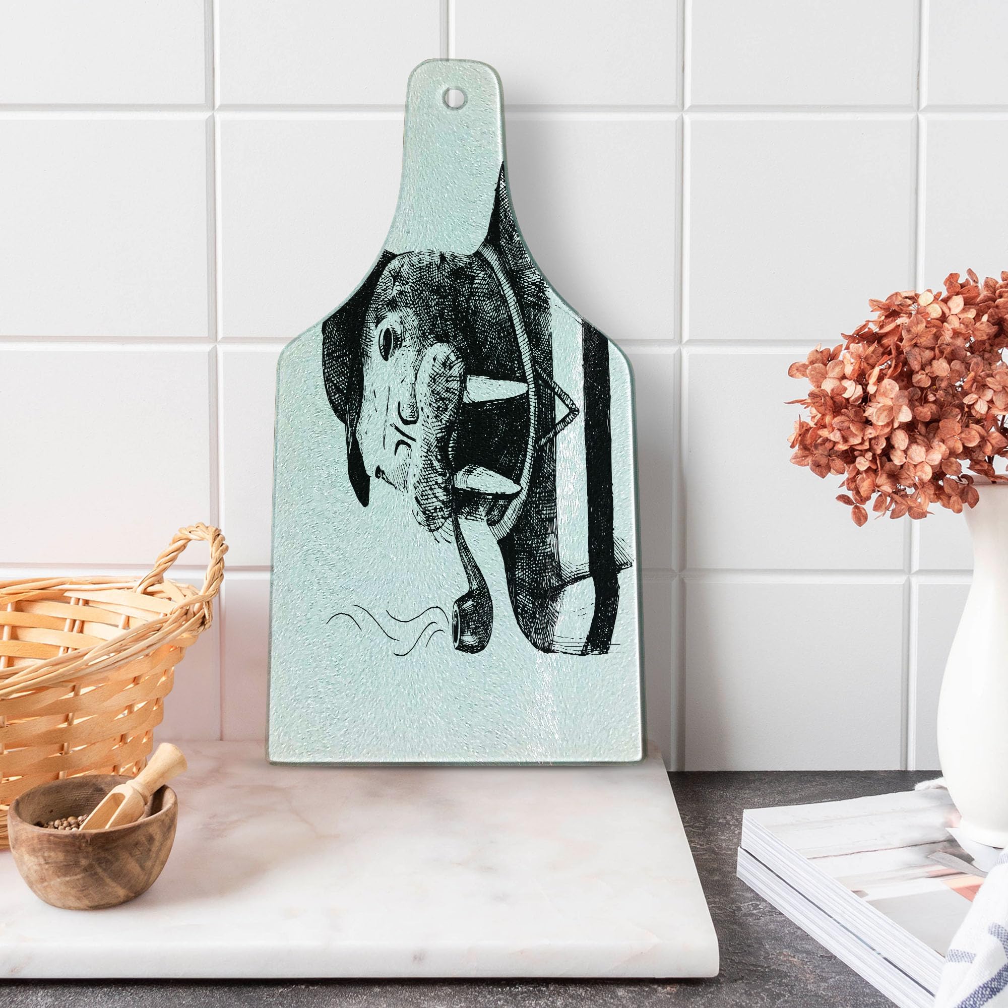 Ambesonne Indie Walrus Design Cutting Board - Hand Drawn Anthropomorphic Sketch Art - Tempered Glass Serving Board for Kitchen & Dining - Wine Bottle Shape - White & Black - Perfect for Cheese Platters, Charcuterie & Party Entertaining