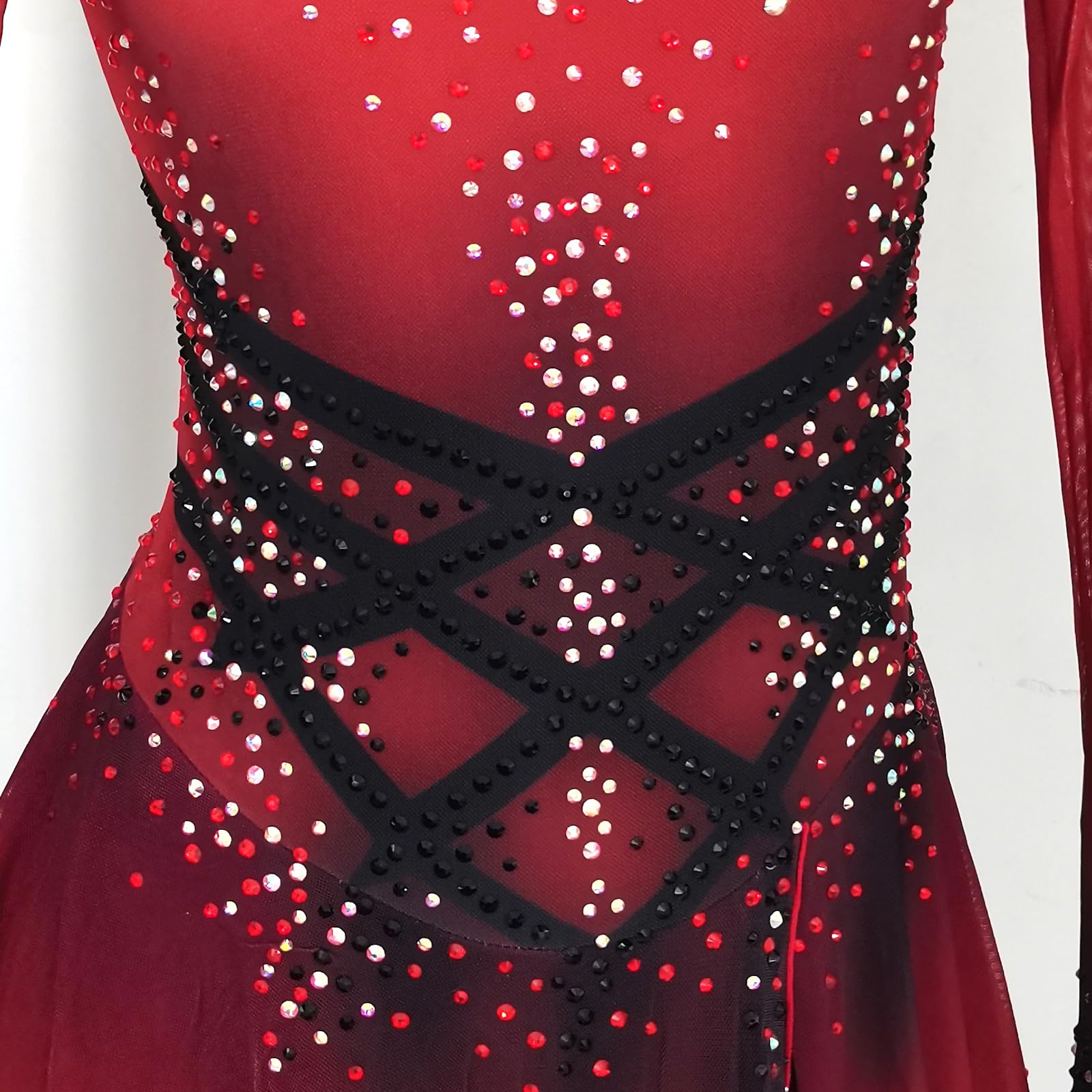 Girl's Red Long Sleeve Figure Skating Dress with Sparkling Rhinestones - Elegant Ice Skating Costume for Competitions & Performances - Perfect for Ice Shows, Recitals, and Winter Sports Events