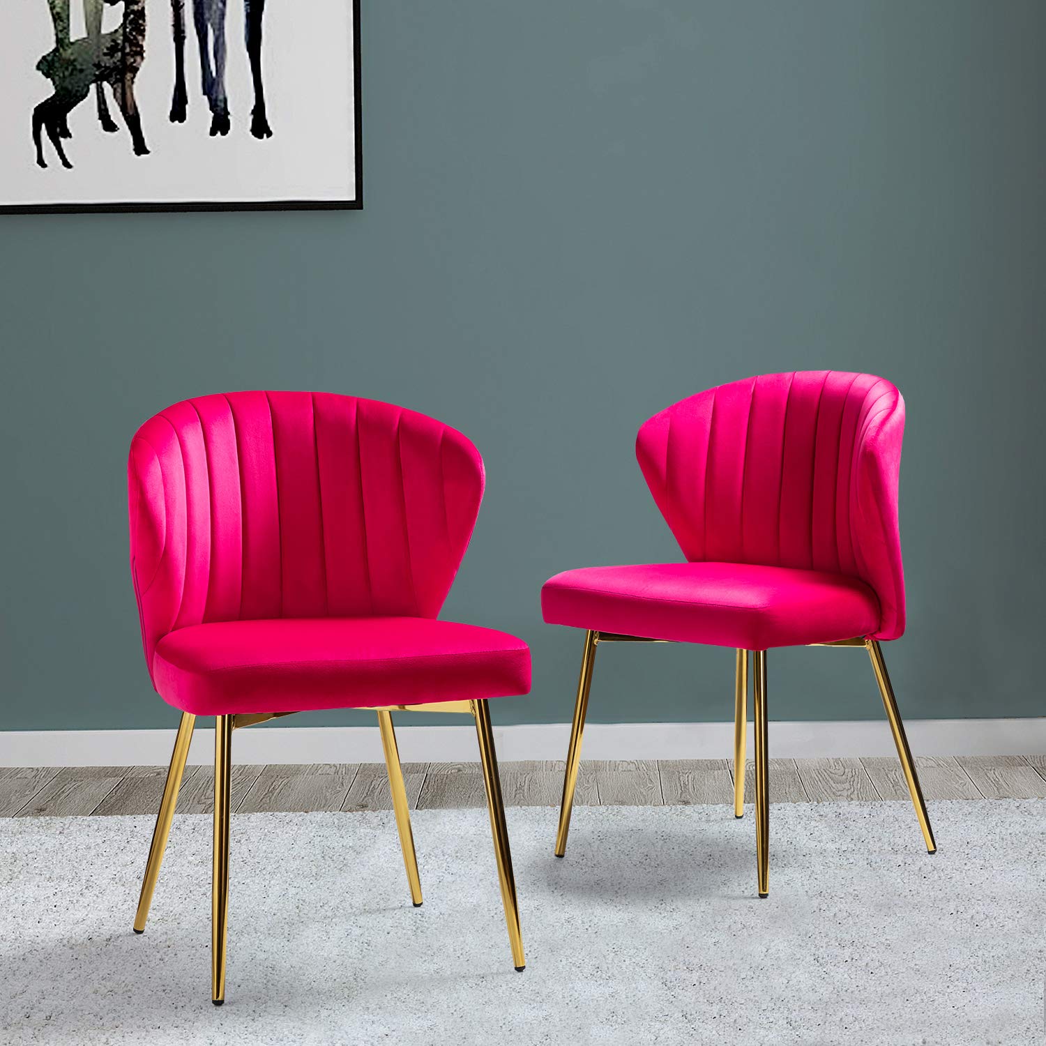 TINA'S HOME Velvet Dining Chairs Set of 2 - Modern Upholstered Side Chairs with Golden Metal Legs, Small Armless Accent Chairs for Living Room, Kitchen, Bedroom & Beauty Salon | Perfect for Small Spaces, Dining Sets and Home Decor (Fuchsia Pink)