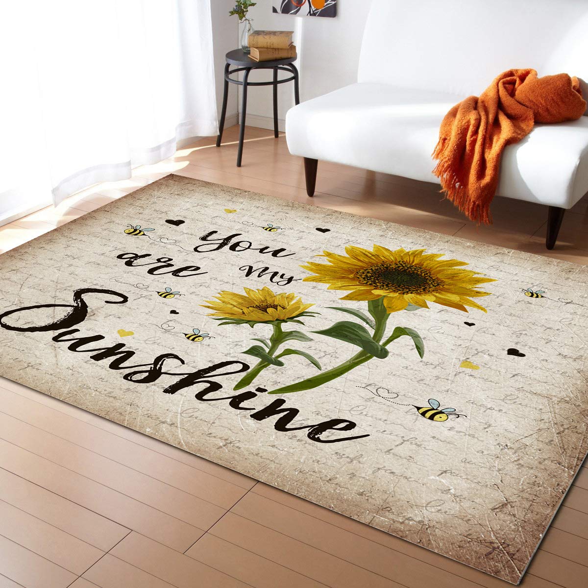 5'x7' Sunflower Bee Vintage Letter Rectangle Area Rug - Non-Slip Large Floor Mat for Entryway, Front Porch, Kitchen, Laundry, Bathroom & Bedroom Decor | Boho Farmhouse Home Decor Gift Idea