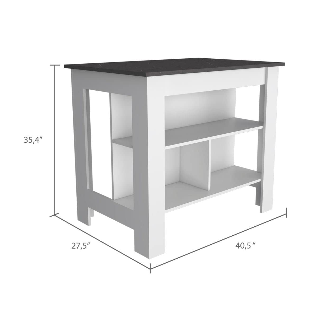 White Brooklyn Kitchen Island with Onix Surface & Shelves for Small Spaces