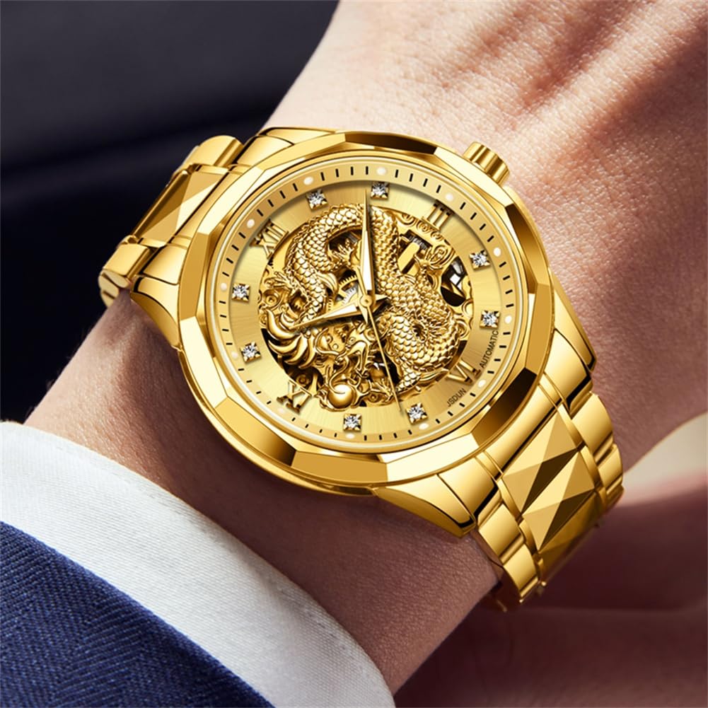 OLEVS Men's Gold Automatic Skeleton Mechanical Watch with Dragon Design - Luxury Tungsten Steel Business Dress Watch, Luminous Hands, 160FT Waterproof, Diamond Accents - Perfect for Formal Events, Business Meetings & Special Occasions