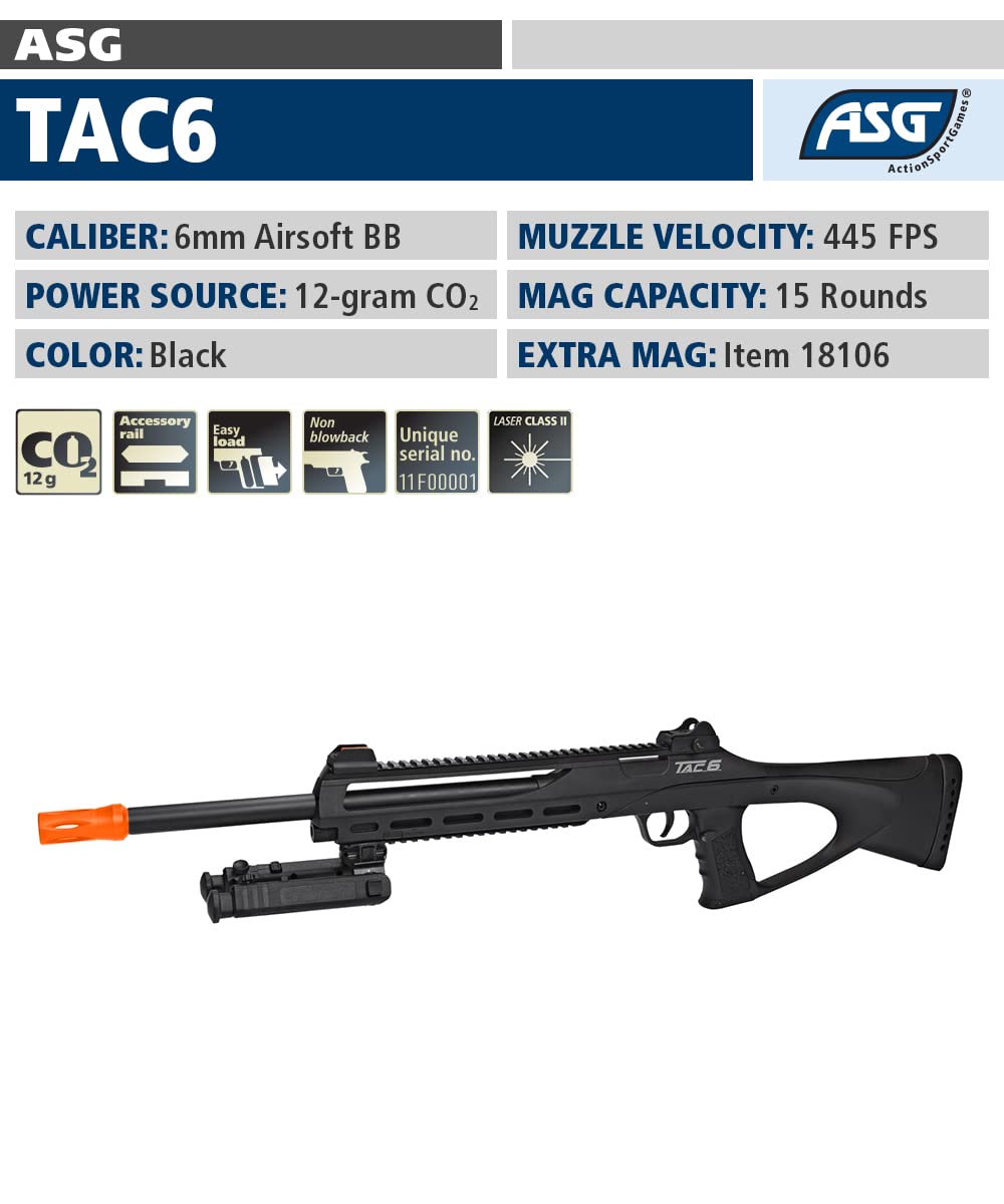 ASG TAC6 Black 6mm Airsoft CO2 Non-Blowback Rifle - High Performance Airsoft Gun for Outdoor Shooting & Tactical Training