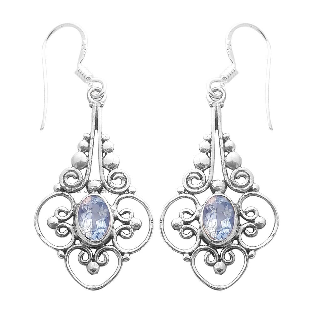 925 Sterling Silver Dangle Earrings for Women - Genuine Blue Topaz Birthstone Jewelry | Hypoallergenic Bezel Set Oval Gemstone Earrings | Perfect December Birthday Gift, Mother's Day Present & Bohemian Style Accessory for Party, Wedding & Everyday Wear
