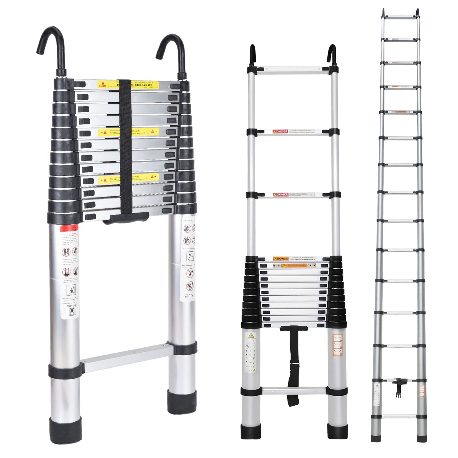 16.4FT Aluminum Telescoping Ladder with Detachable Hooks - Heavy Duty Folding Ladder Adjustable Height 330lbs Capacity EN131 Certified - Portable Extension Collapsible Ladder for Home, Roofing, Construction & Outdoor Use