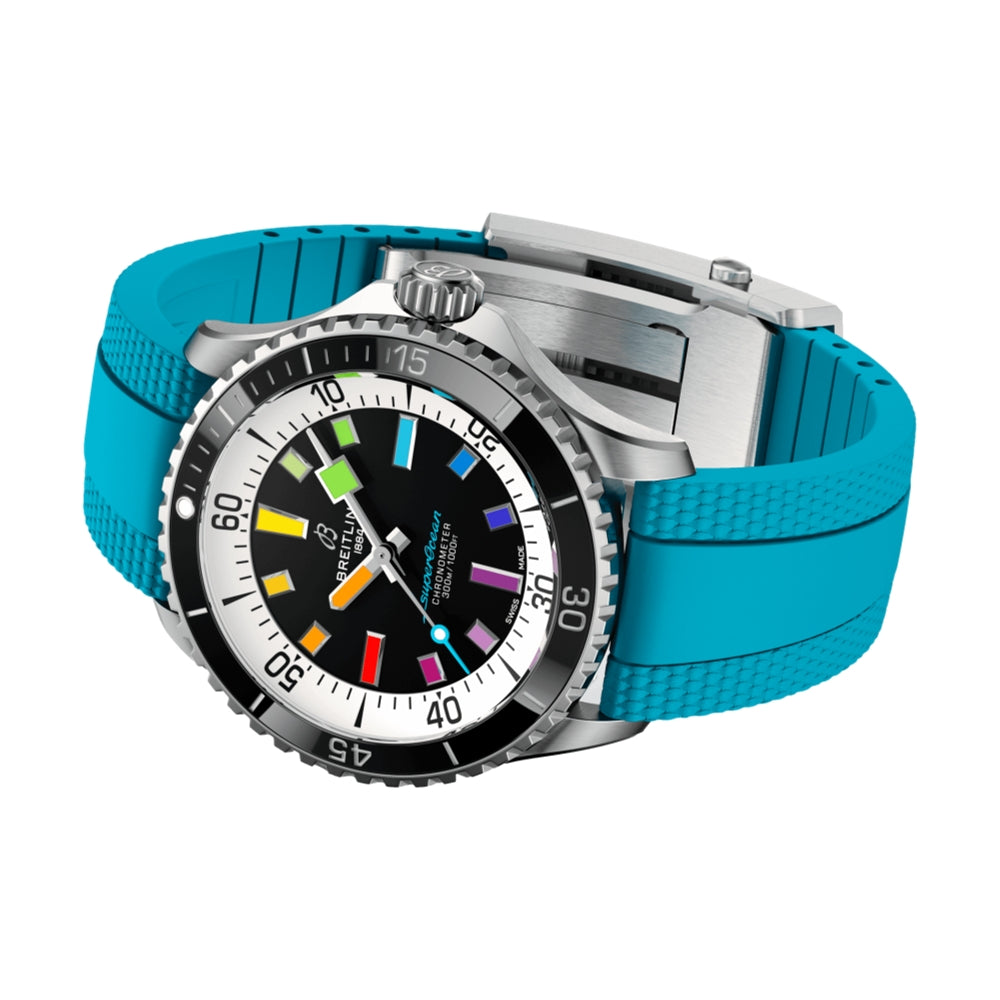 Superocean Automatic 42mm Men's Dive Watch - Black Dial with Rainbow Indices on Blue Rubber Strap | Waterproof Luxury Watch for Scuba Diving, Swimming & Outdoor Adventures