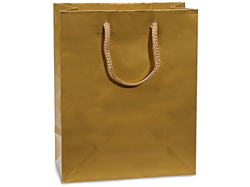 Premium Gold Glossy Laminated Gift Bags - Bulk Pack of 100 (8x4x10 Inches) - Elegant Party Favors, Wedding, Birthday & Holiday Gift Wrapping Bags