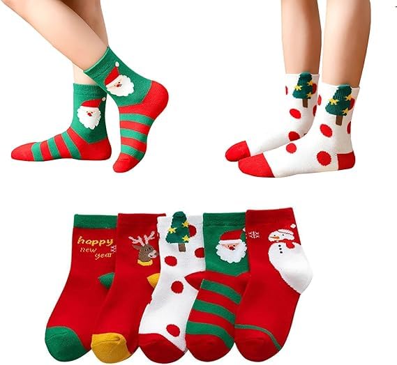 Christmas Socks for Kids - 5 Pairs Santa Claus Holiday Socks for Toddlers & Children (Girls & Boys) - Perfect for Xmas Gifts, Stocking Stuffers & Winter Celebrations