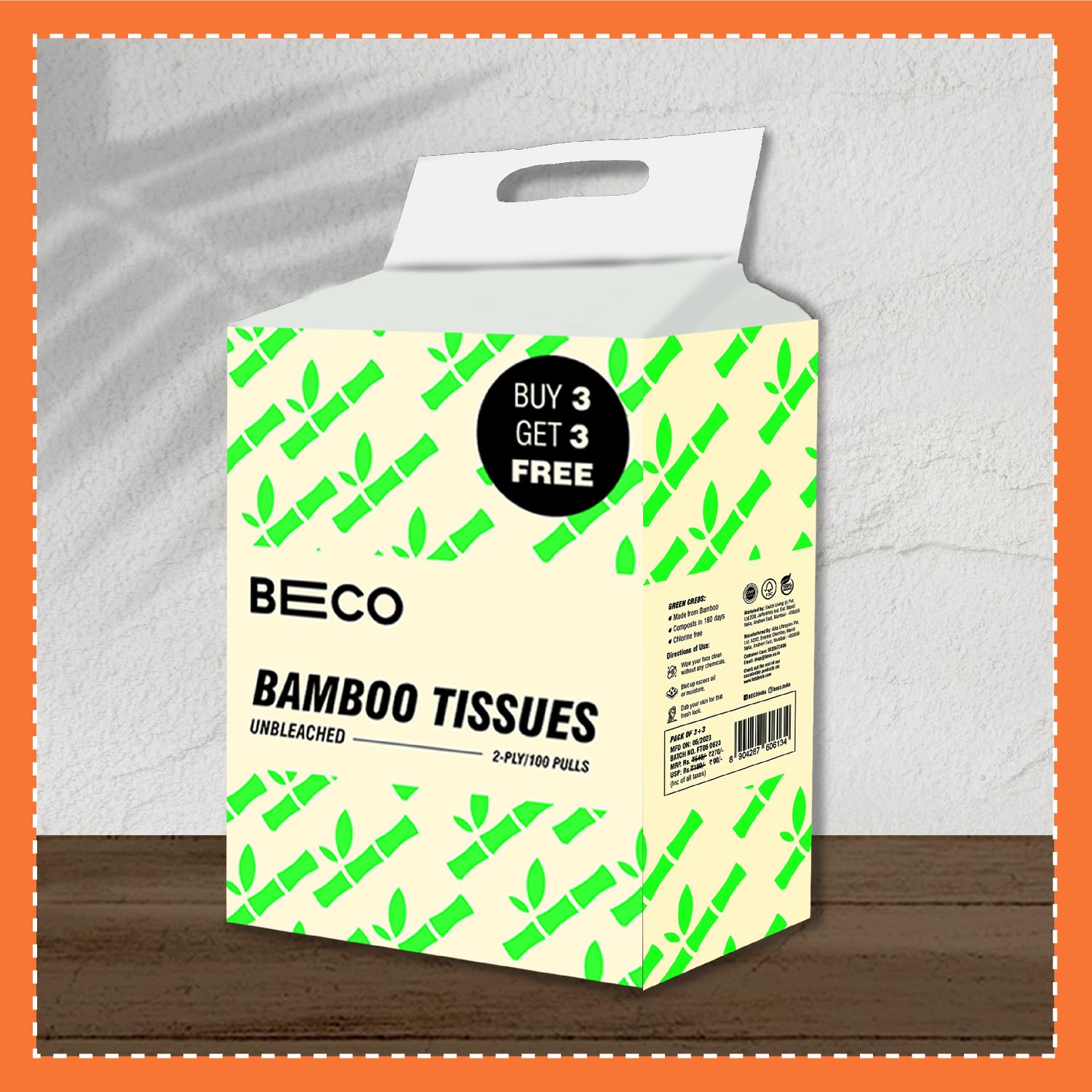 Beco Bamboo Soft Facial Tissue Box - 6 Packs (600 Pulls Total) | 2-Ply 100% Natural & Eco-Friendly Bamboo Tissues | Gentle for Nose & Skin | Perfect for Home, Office & Travel Use