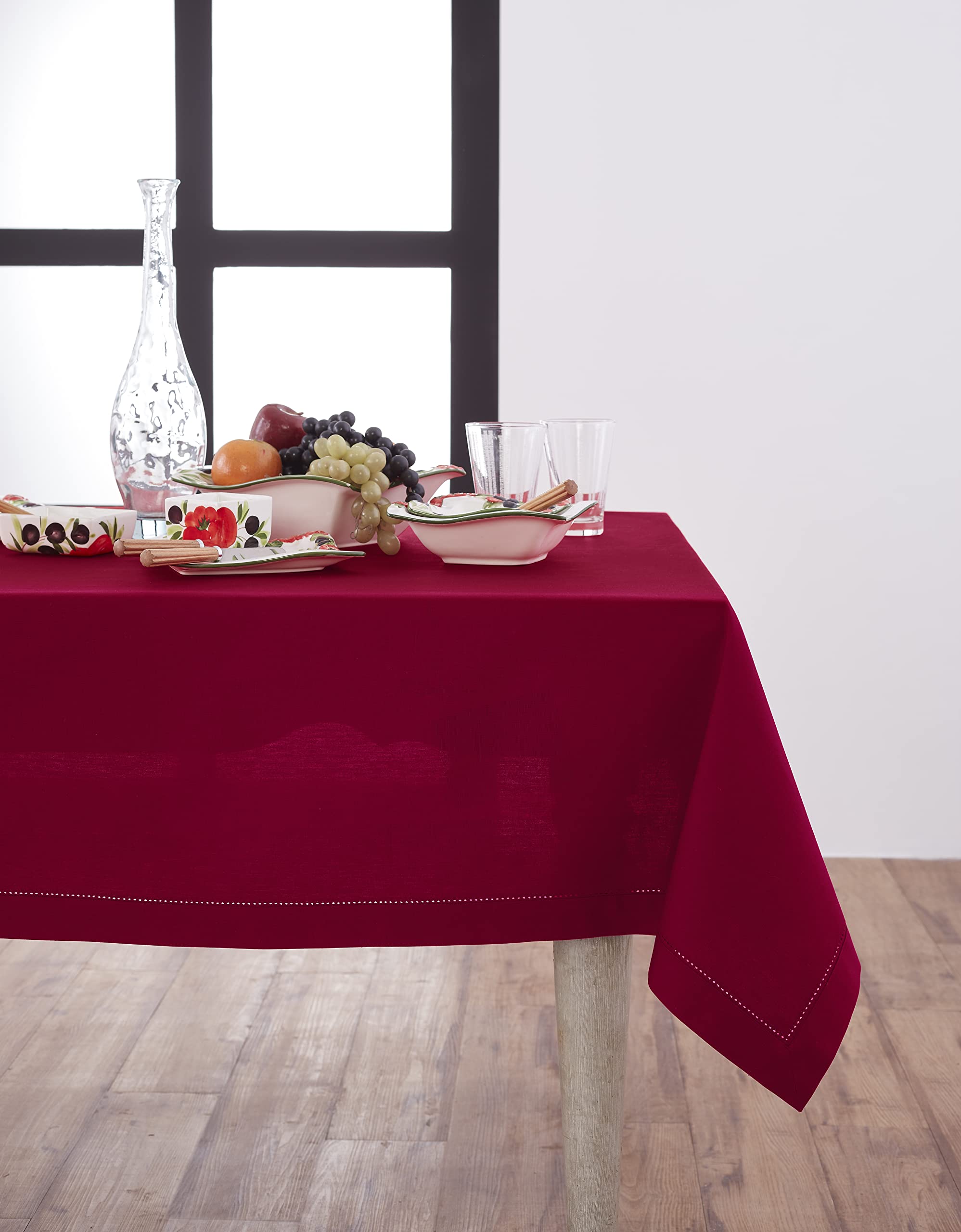 Premium Cotton Linen Hemstitch Tablecloth 58x120 Inches - Elegant Red Rectangular Table Cover for Dining Room, Kitchen & Events | Machine Washable Decor for Weddings, Parties, Easter, Mother's Day & Spring Celebrations | Perfect for Holiday Gatherings, Family Dinners & Special Occasions