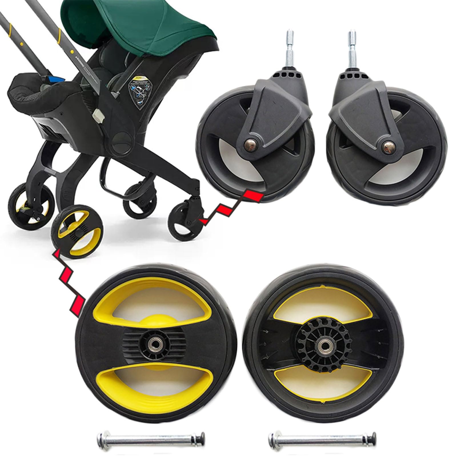 QIIIMSLSS Replacement Baby Stroller Wheels - Front & Rear Plastic Wheels Accessories for Smooth Strolling in Parks, Malls & Neighborhood Walks