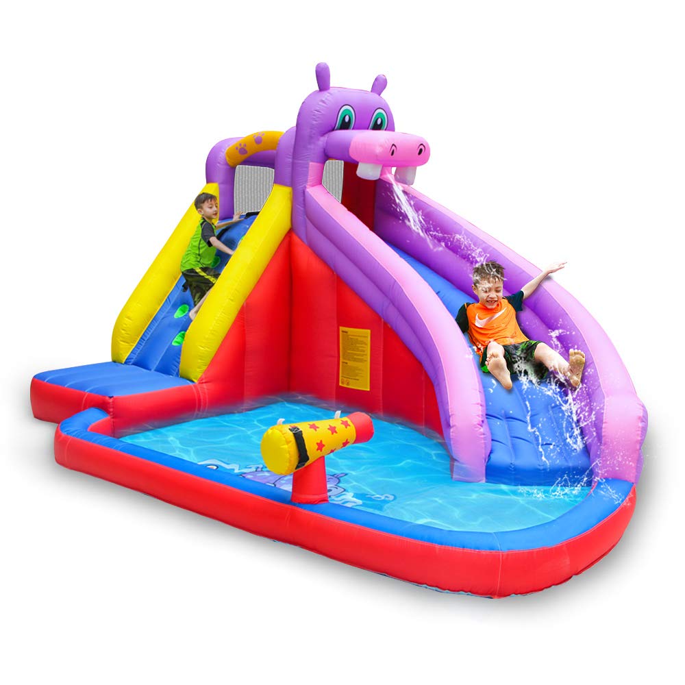 **Doctor Dolphin Inflatable Water Slide for Kids - Large Backyard Water Slides with Climbing Wall & Bounce House, Hippo Theme Splash Pool for Outdoor Summer Fun - Perfect for Birthday Parties, Backyard Play & Family Gatherings**
