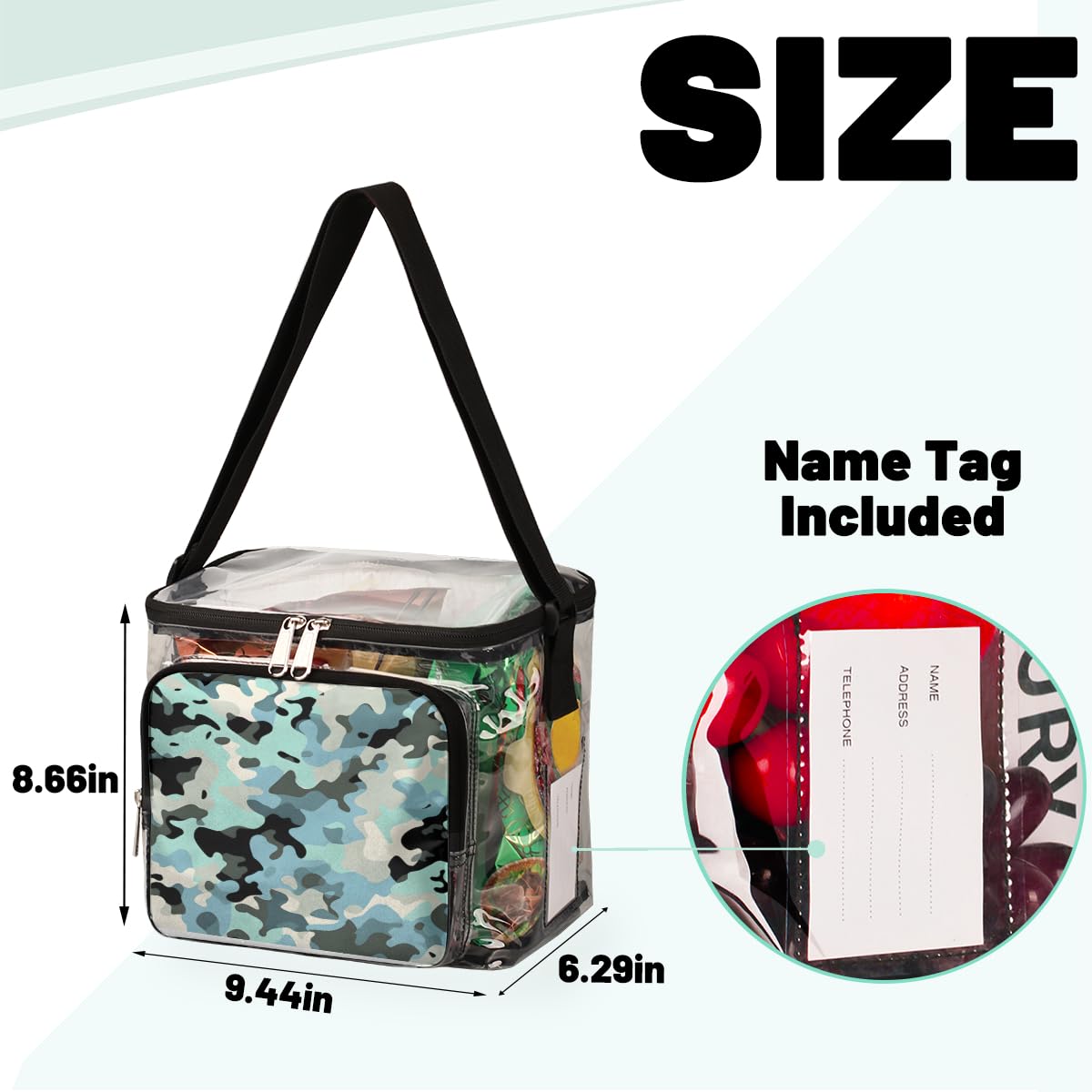 GzLeyigou Camouflage Clear Tote Bag with Handles - Blue Black Camo Transparent Crossbody Shoulder Lunch Bag for Women & Men | Outdoor Travel, Picnic, Concert, Sports Events | Stadium Approved Multipurpose Carryall