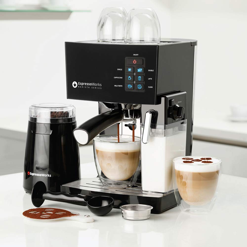 EspressoWorks 19-Bar Professional Espresso Machine with Milk Frother - 10-Piece All-in-One Coffee Maker Set for Latte, Cappuccino & Espresso (1250W, Black) - Perfect for Home Baristas, Office Coffee Breaks & Gift Giving