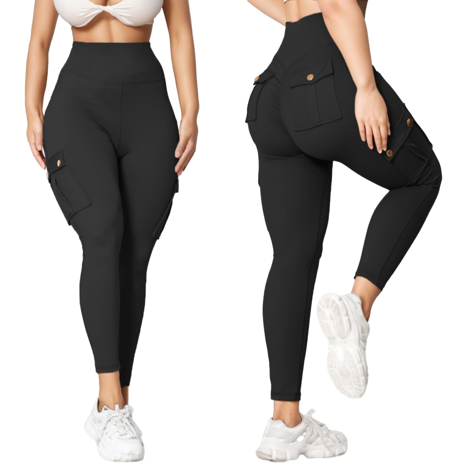 Nuofengkudu Women's High Waisted Scrunch Bum Cargo Leggings with Pockets - Tummy Control Workout Pants for Gym, Running, Jogging & Yoga - Ankle Length Booty Lifting Sports Trousers for Women