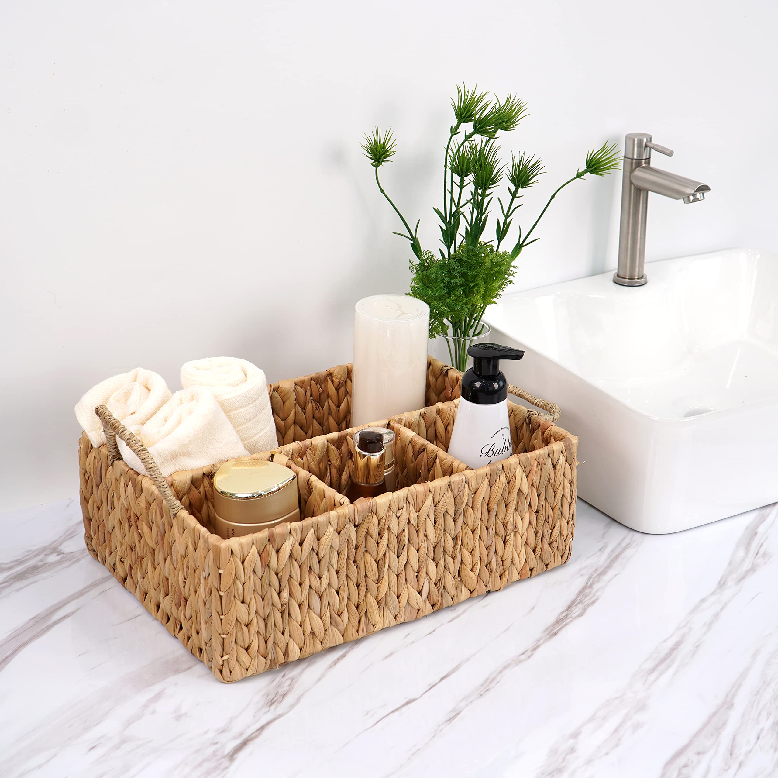 Natural Woven Hyacinth Wicker Storage Basket - 4-Section Rectangular Tray for Bathroom, Kitchen, Office & Home Organization | Perfect for Shelves, Drawers & Closet Storage