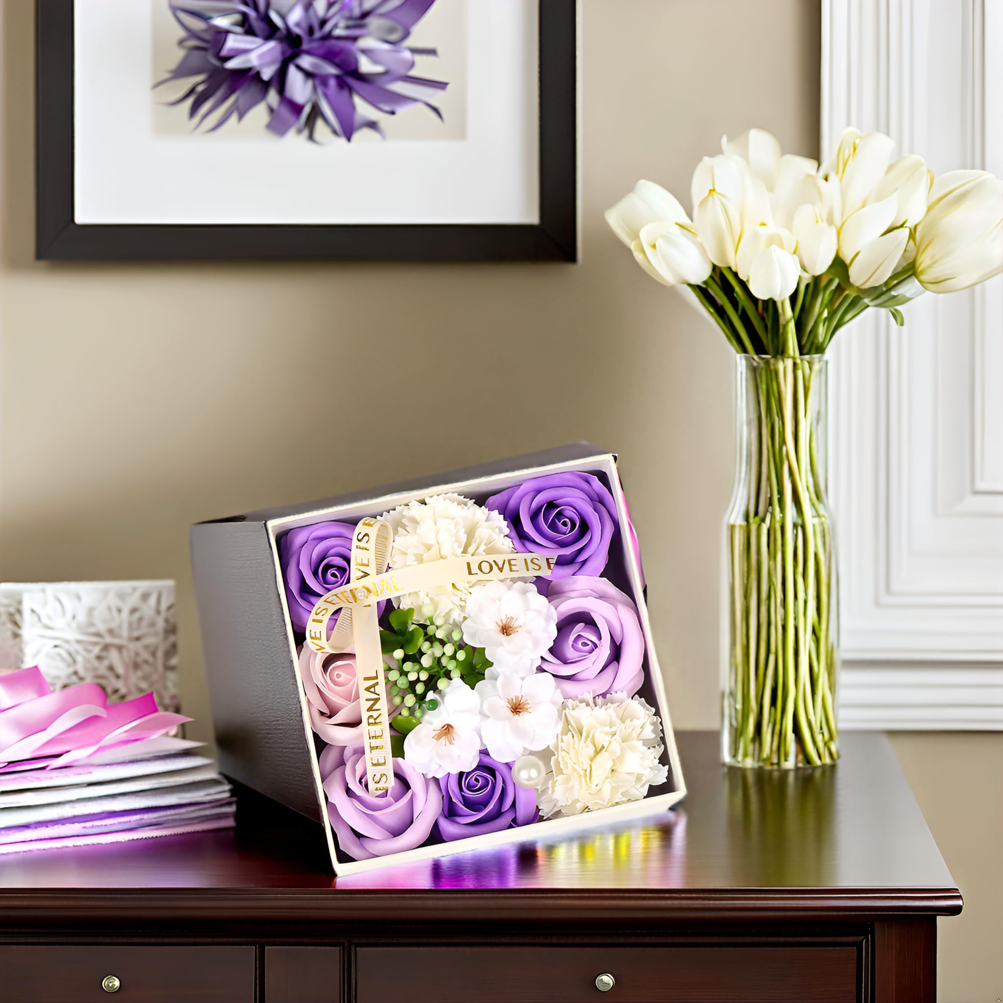 Unique Birthday Gifts for Women - Fresh Flower Gift Box with Surprise Elements | Thoughtful Present for Mom, Wife, Daughter & Girlfriend | Perfect for Anniversaries, Mother's Day & Special Occasions (Purple Square)